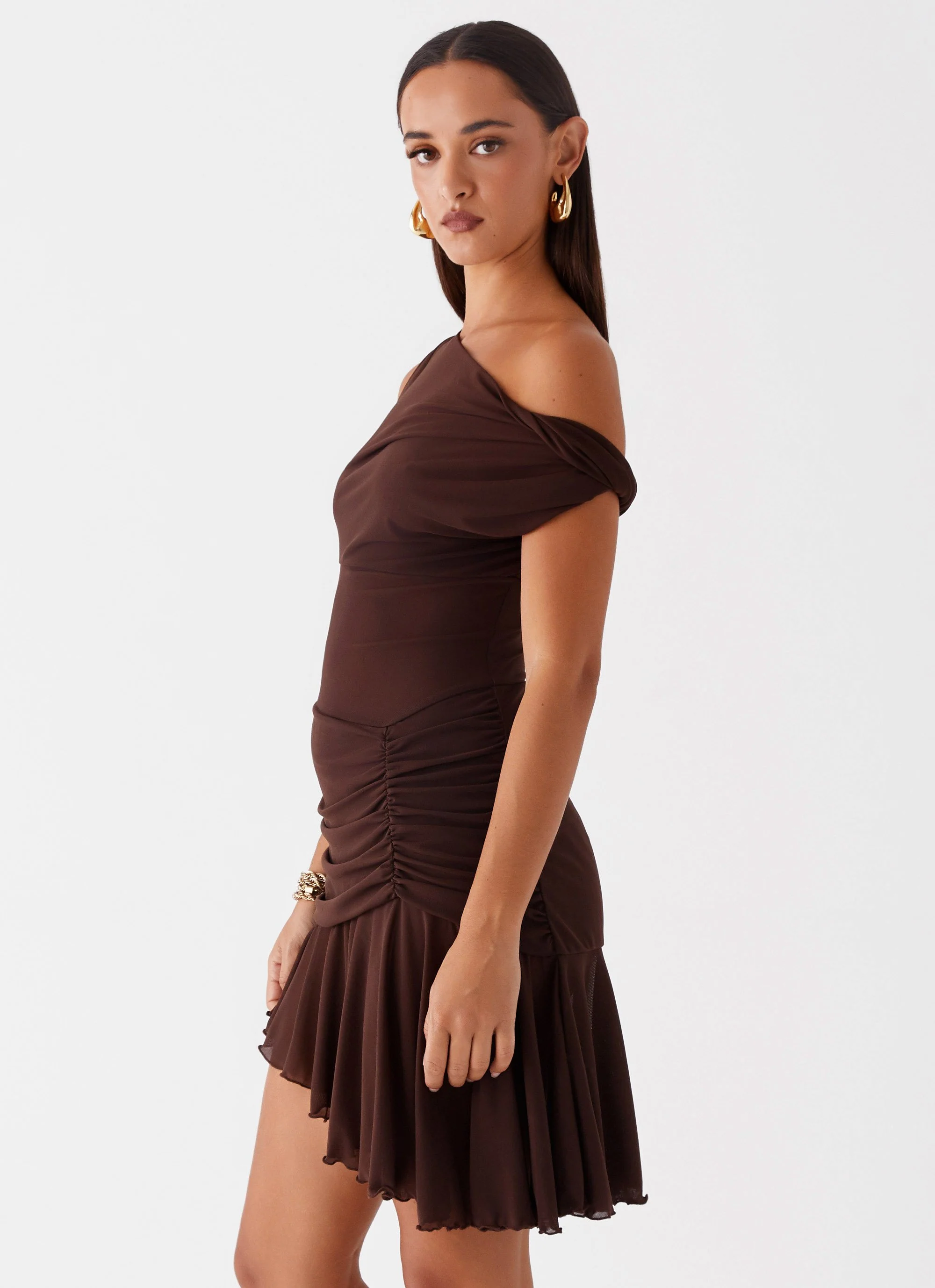 Fernleigh One Shoulder Mini Dress - Chocolate - Image 4