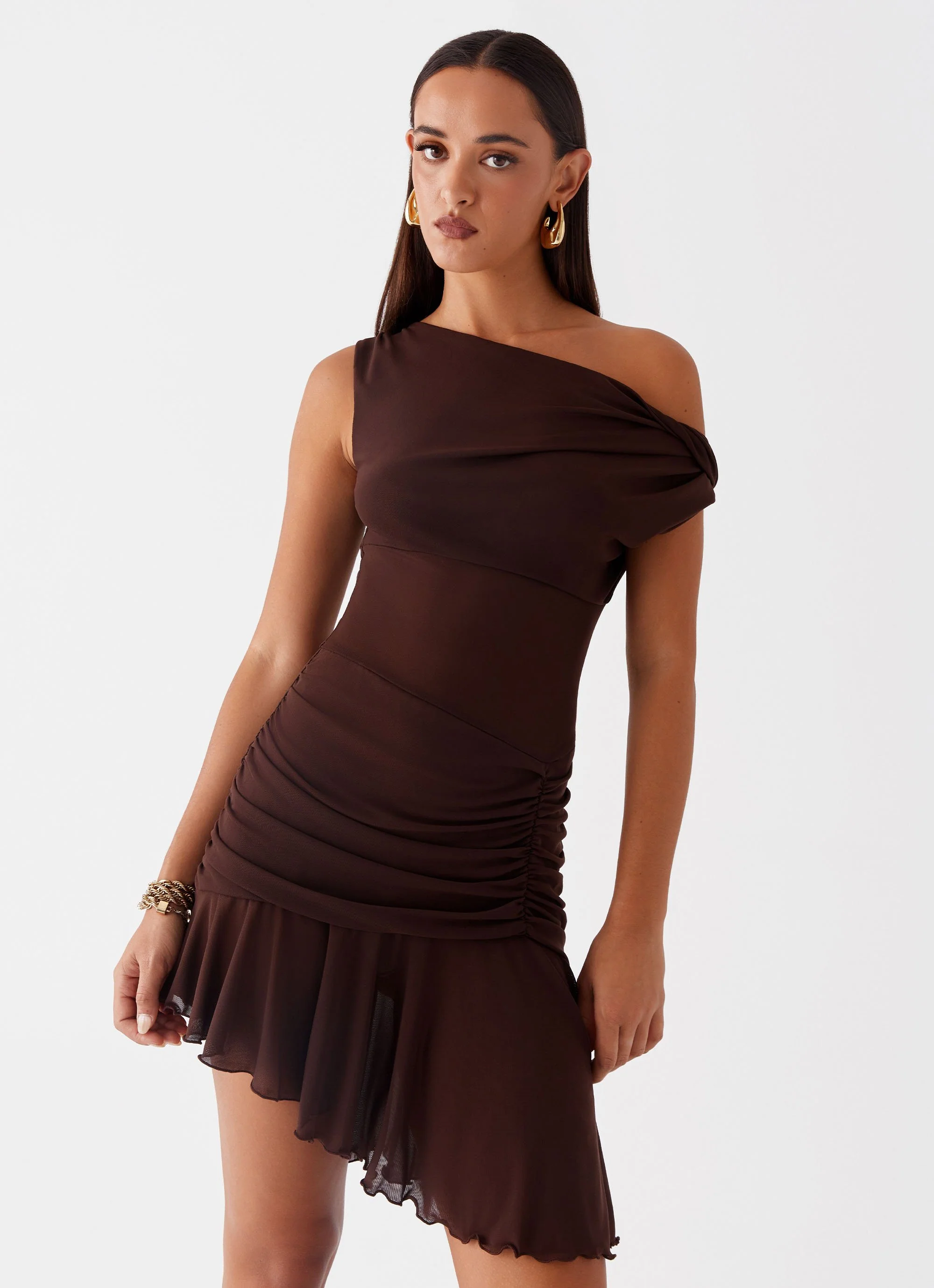 Fernleigh One Shoulder Mini Dress - Chocolate - Image 6