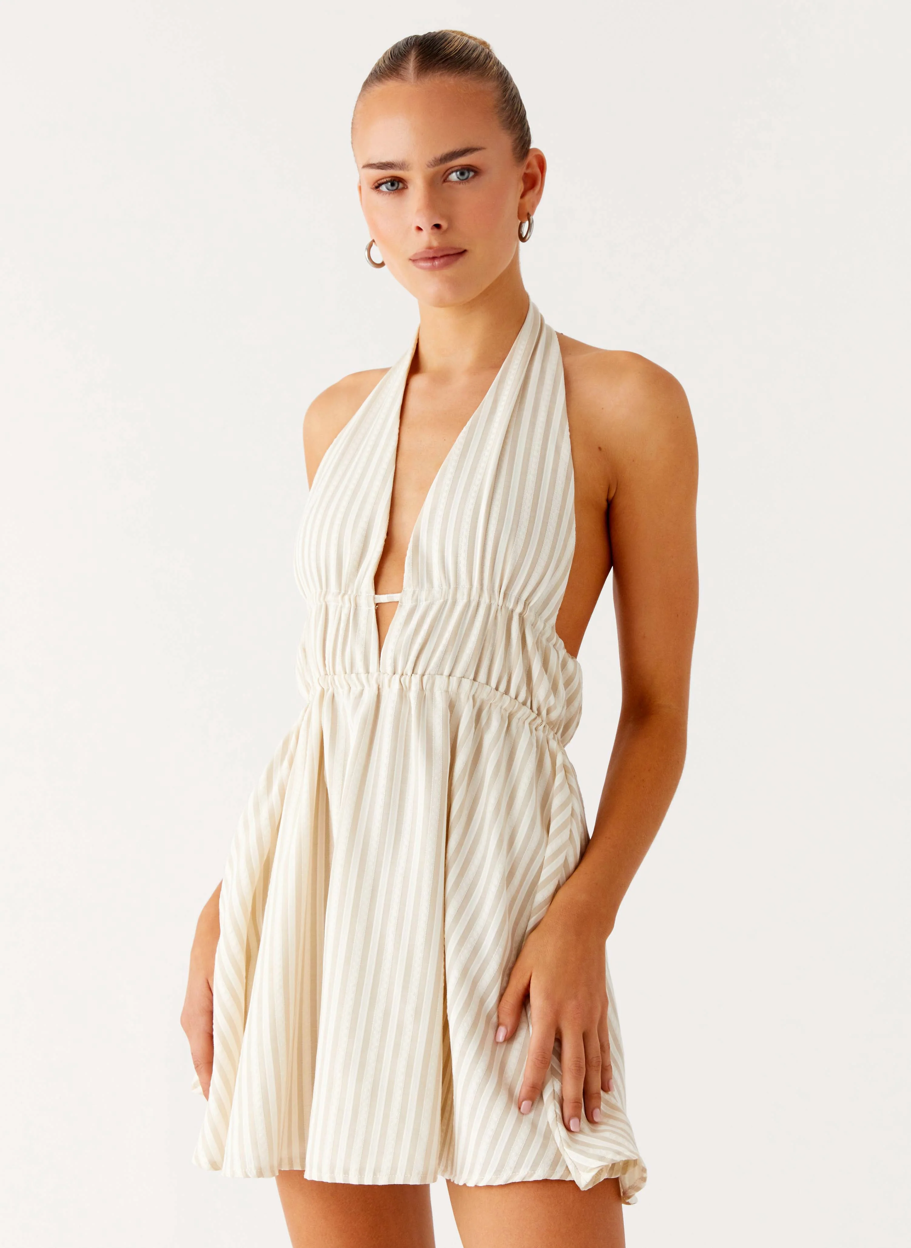 Figaro Halter Mini Dress - Taupe Stripe - Image 5