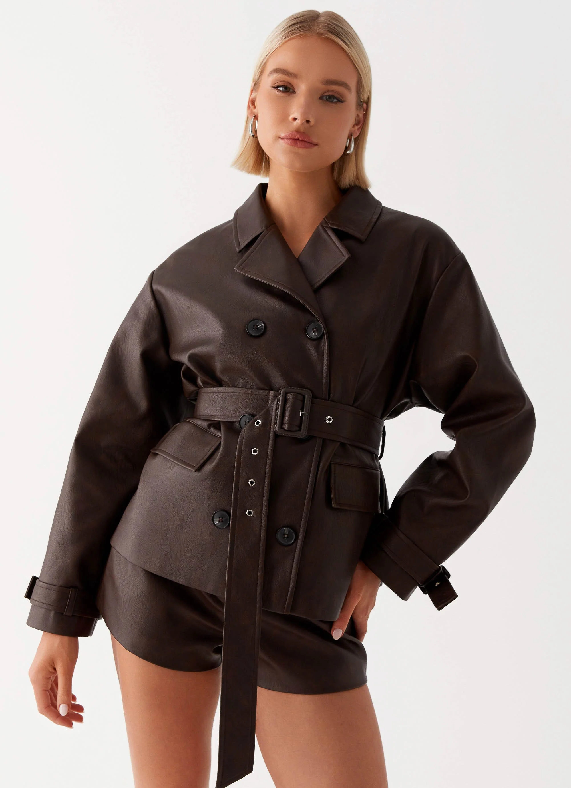 Francisco Cropped Trench Coat - Brown - Image 3