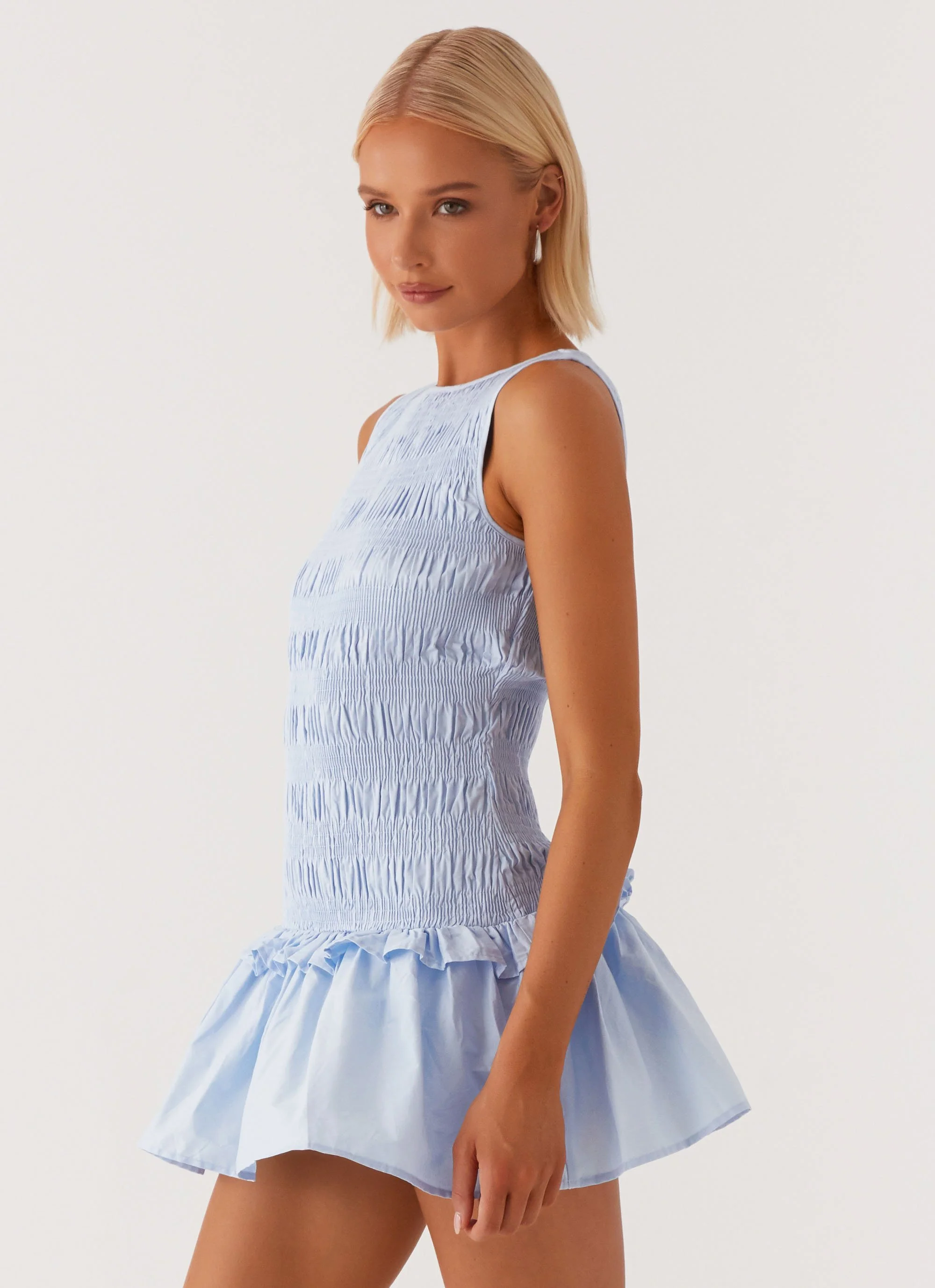 Garden Kisses Shirred Mini Dress - Blue - Image 3