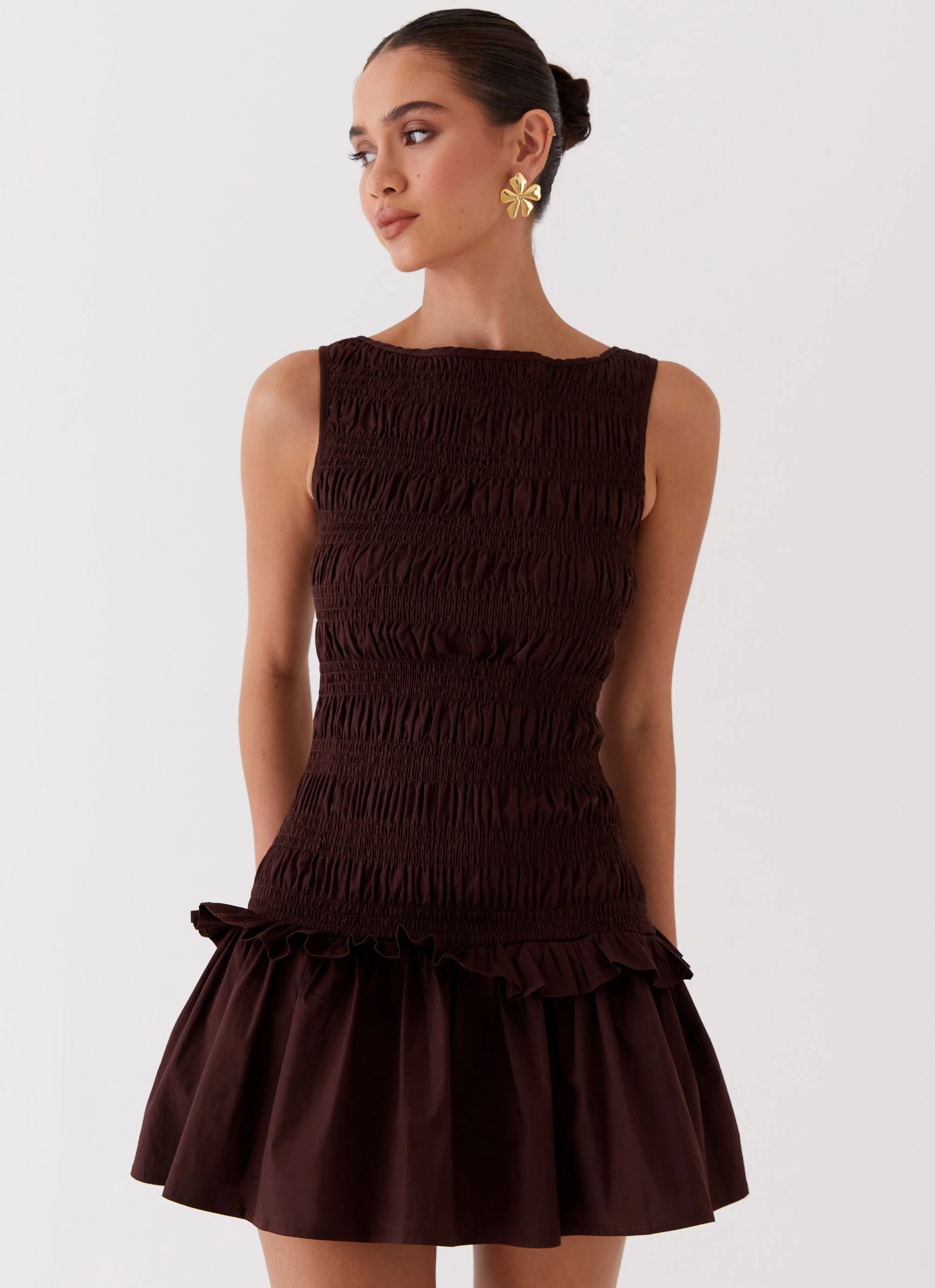 Garden Kisses Shirred Mini Dress - Chocolate - Image 6