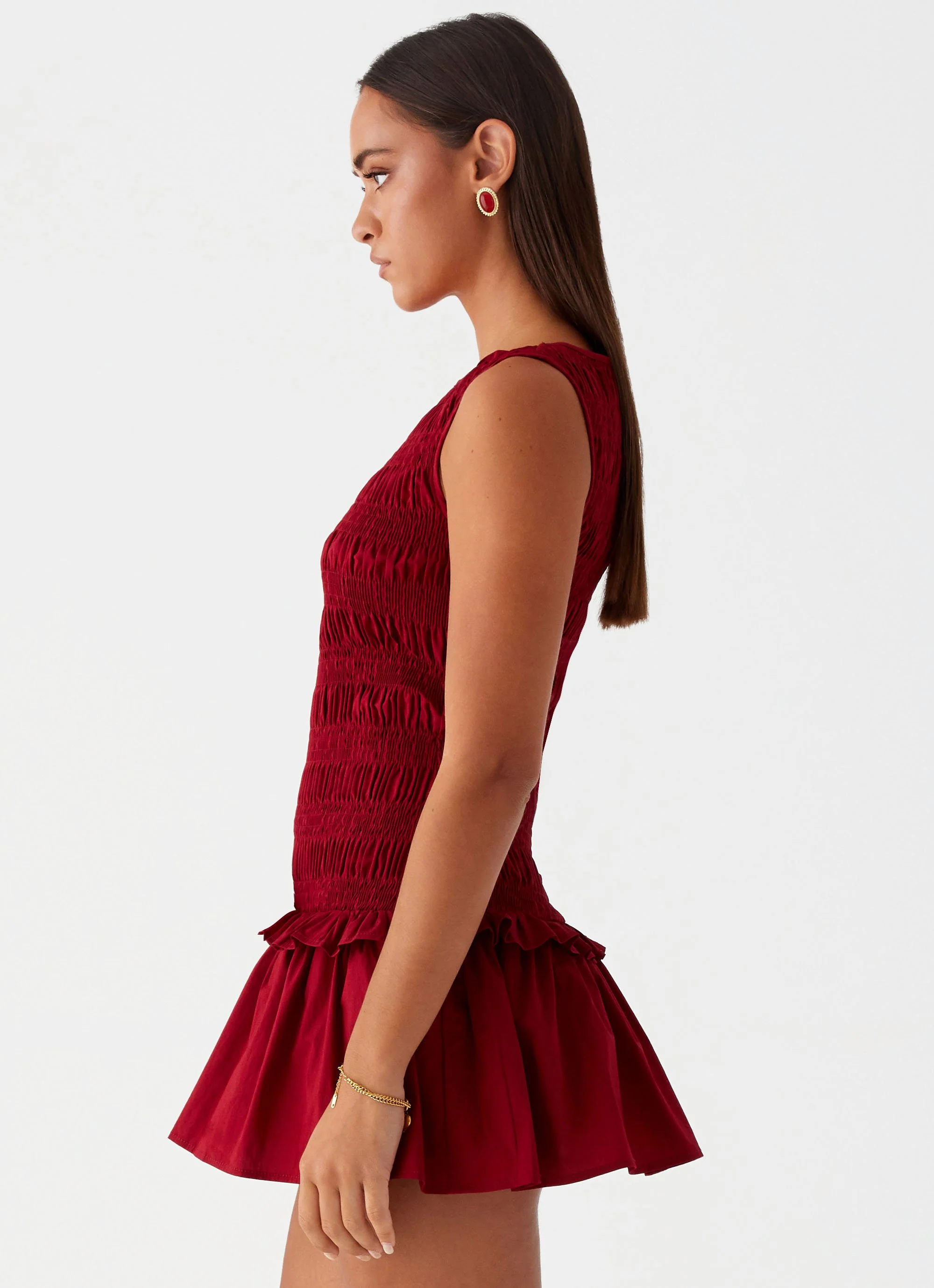 Garden Kisses Shirred Mini Dress - Maroon - Image 3
