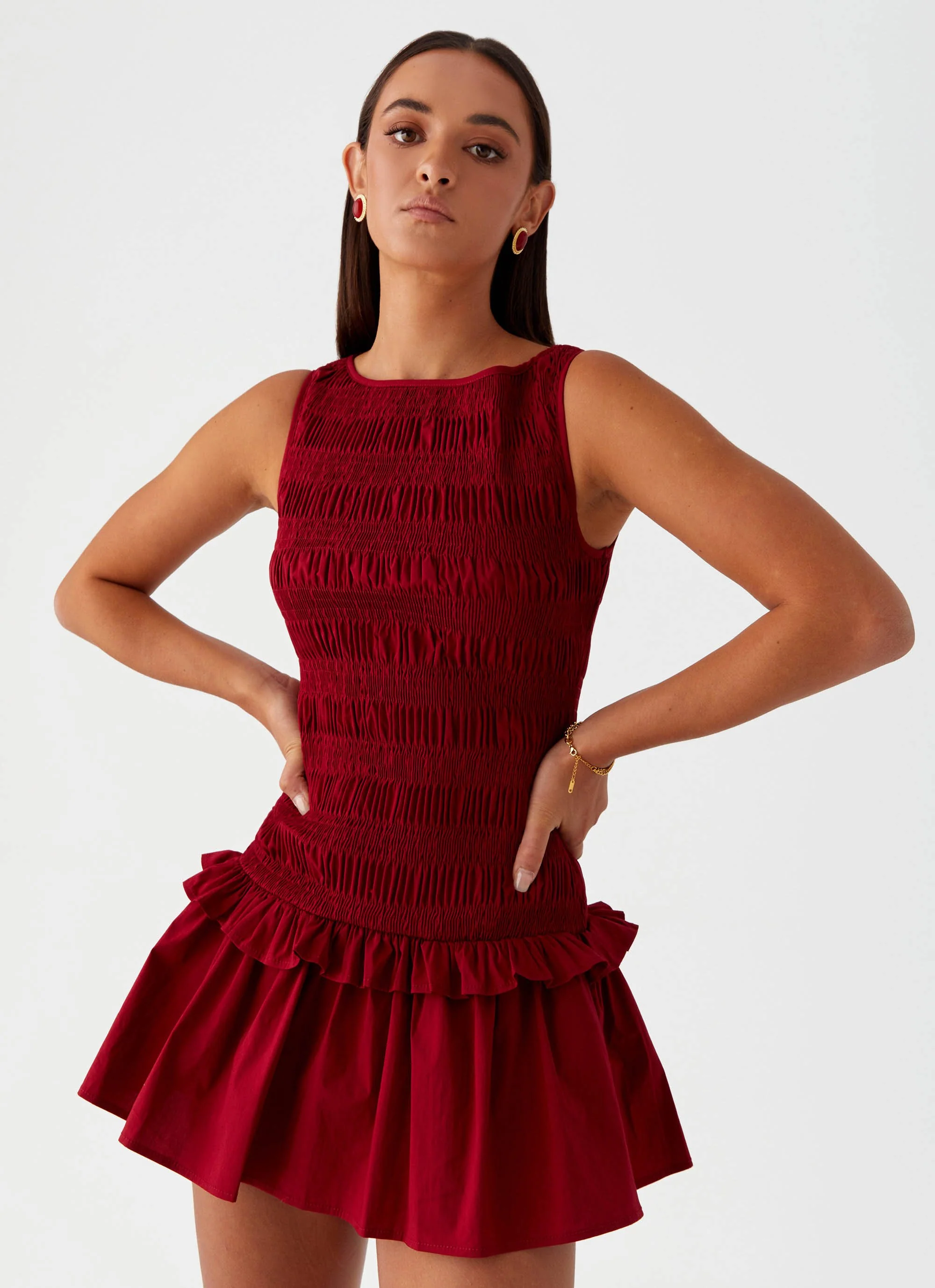 Garden Kisses Shirred Mini Dress - Maroon - Image 5