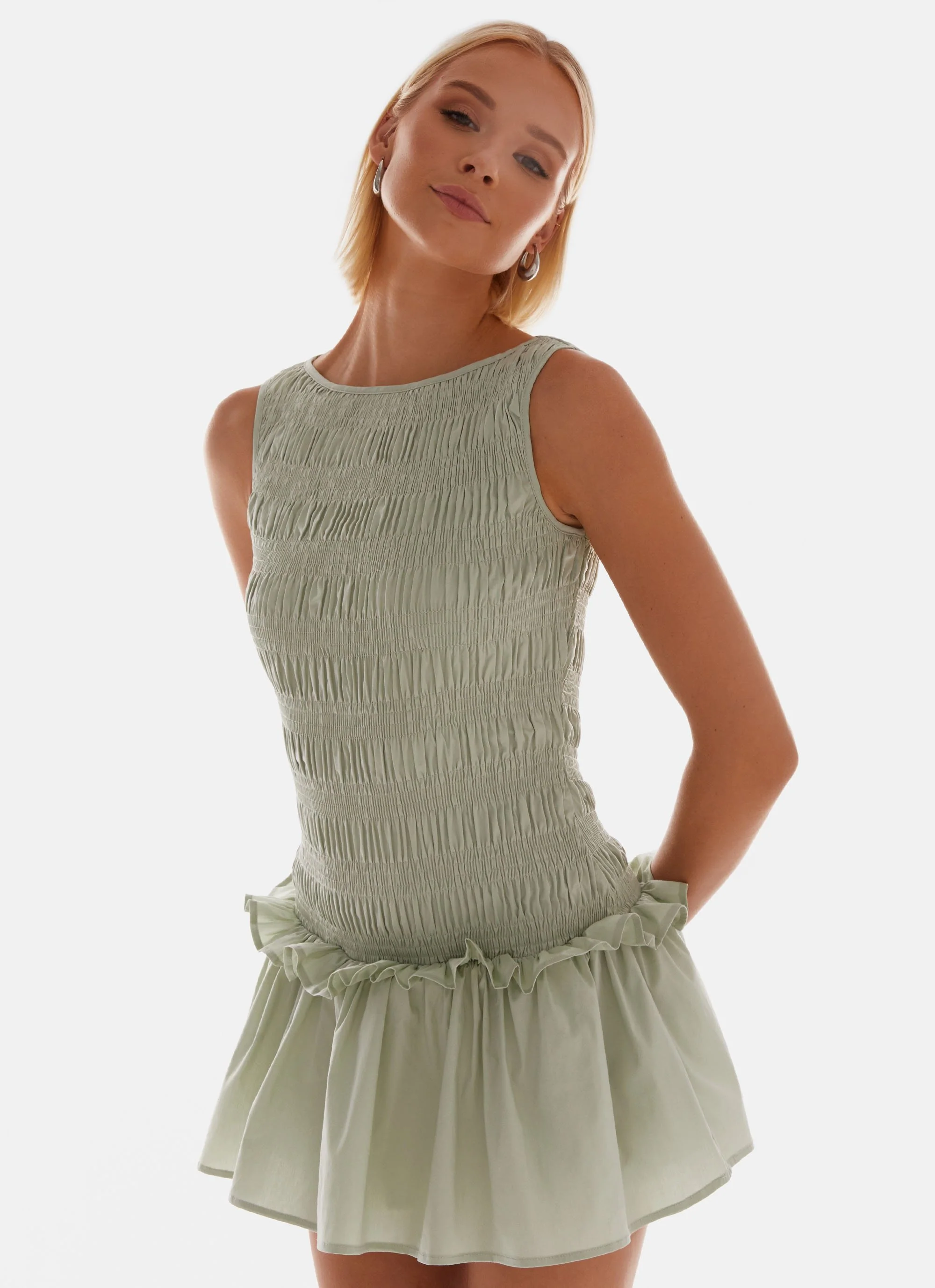 Garden Kisses Shirred Mini Dress - Sage - Image 5