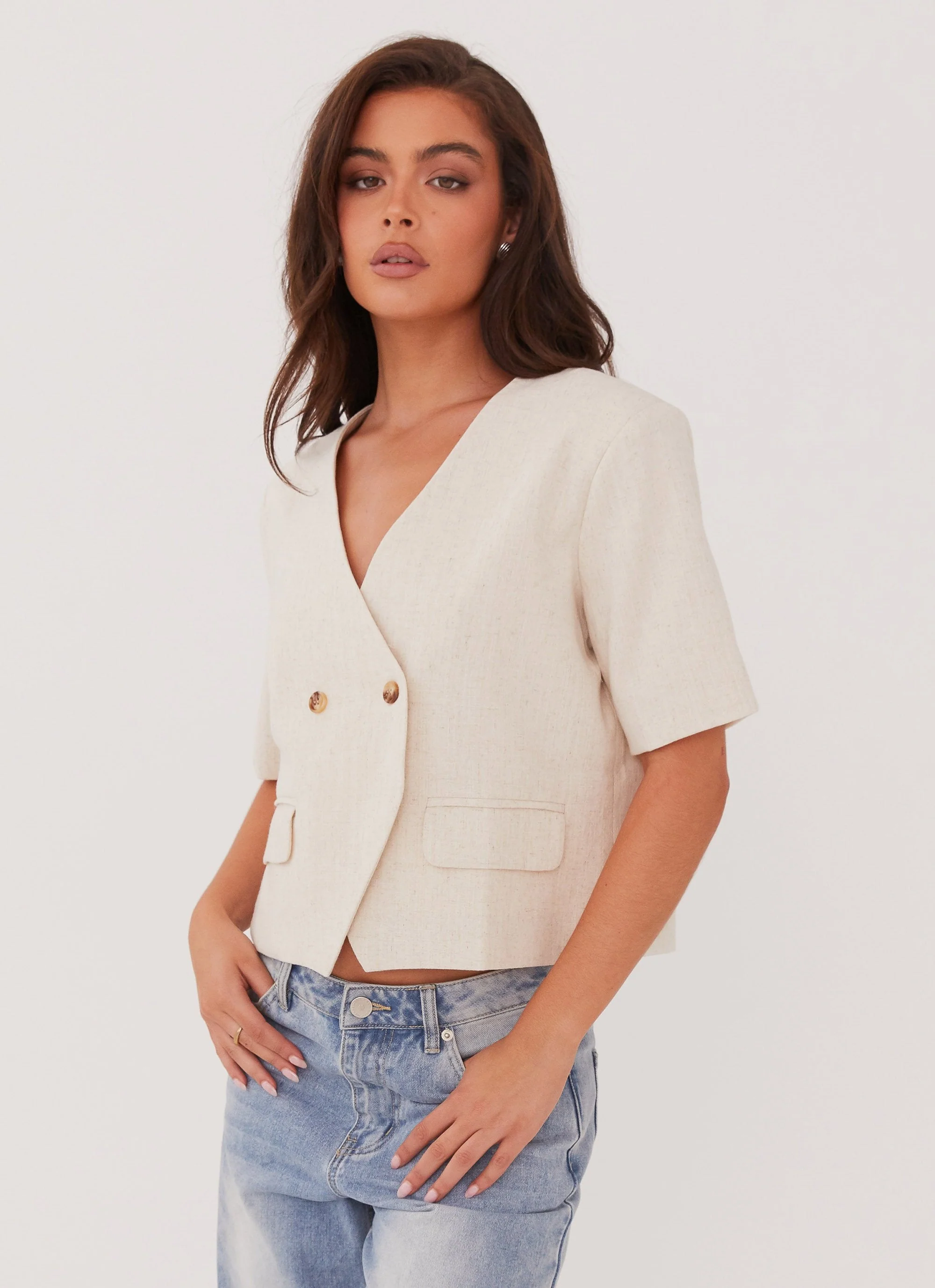 Hacienda Linen Short Sleeve Blazer - Oatmeal - Image 3