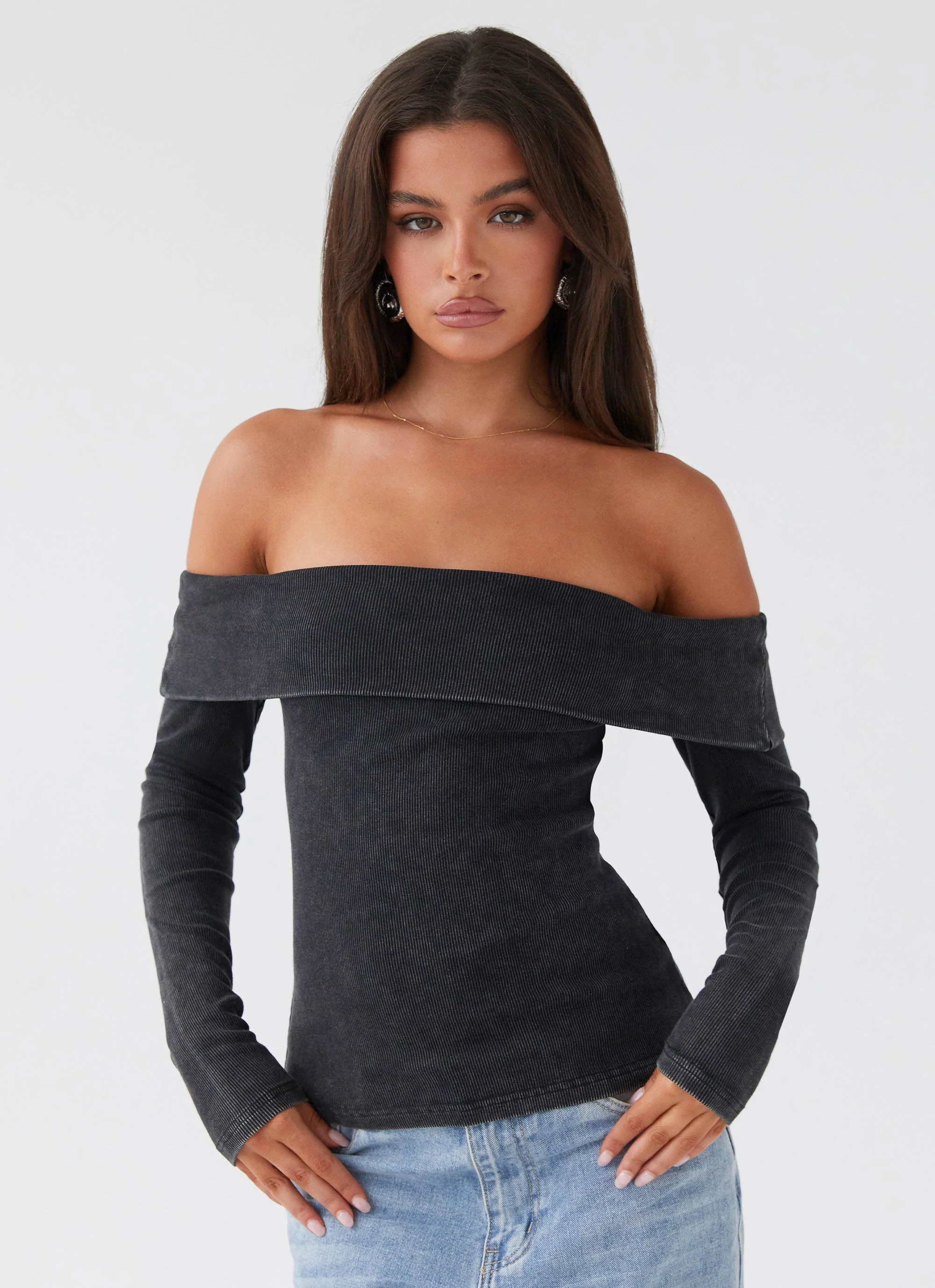 Hayley Long Sleeve Ribbed Top - Charcoal Acid Wash - Image 2