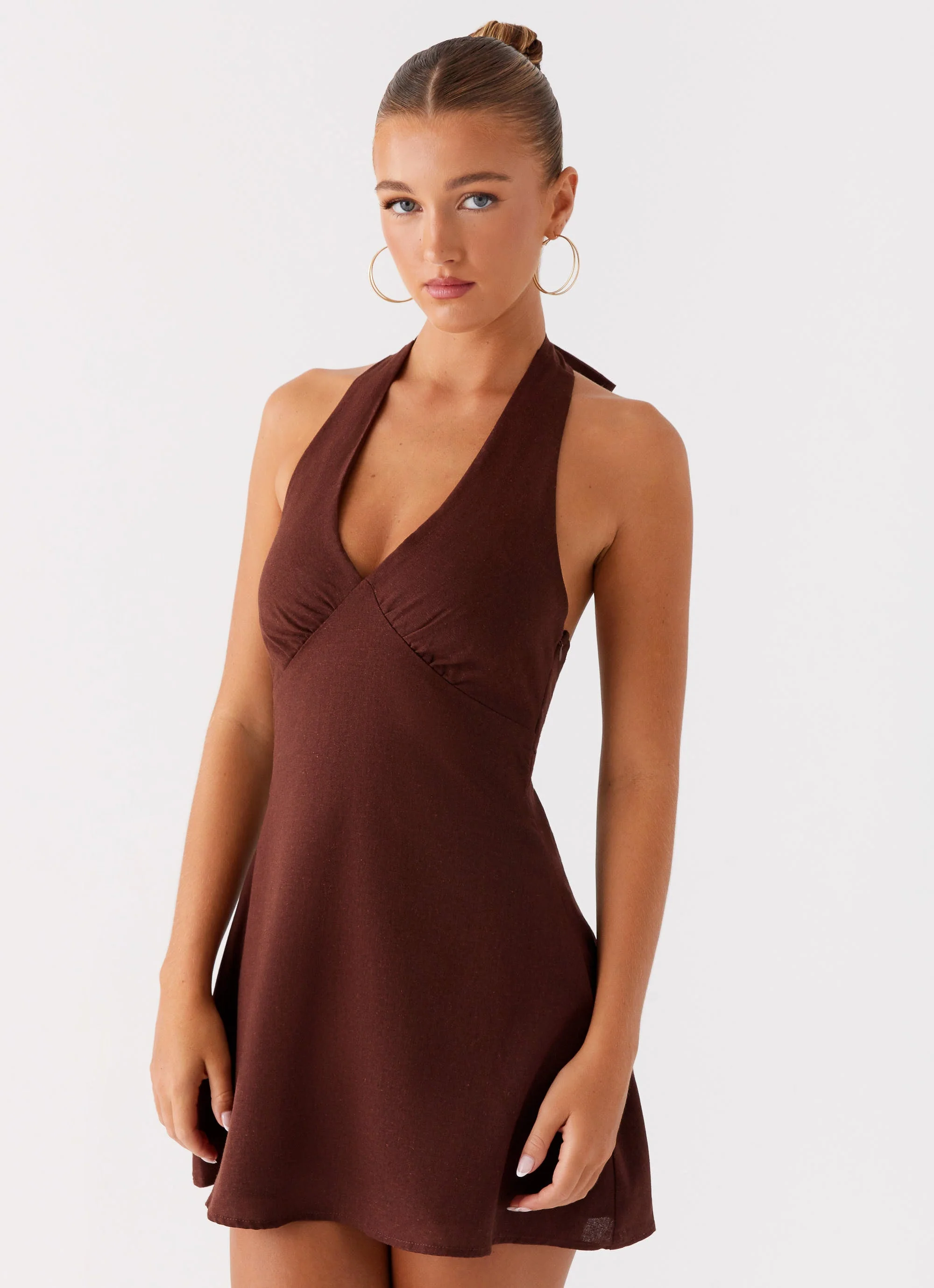 Heavy Hearted Linen Mini Dress - Brown - Image 6