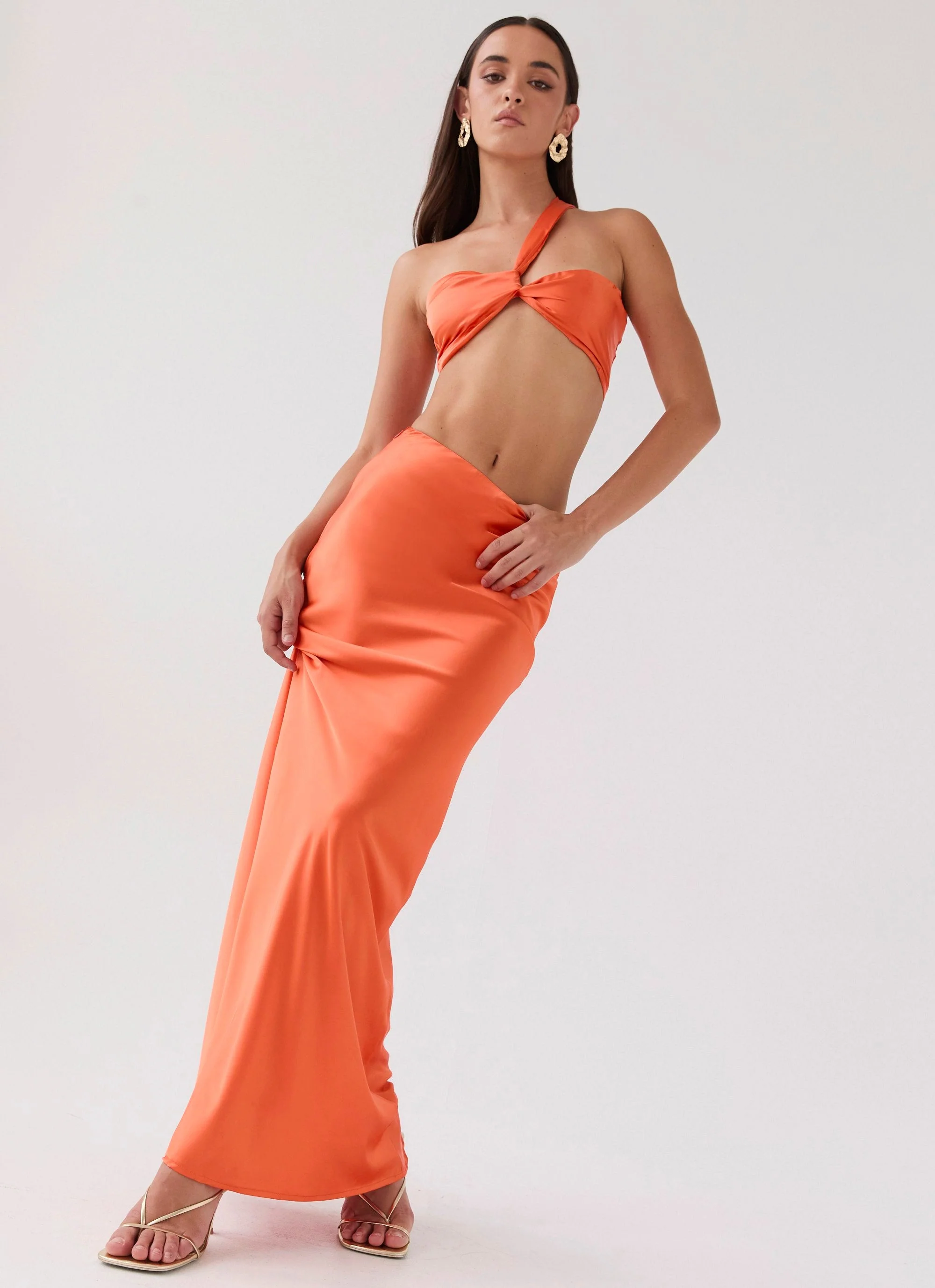 Hidden Oasis Satin Maxi Skirt - Tangerine - Image 2