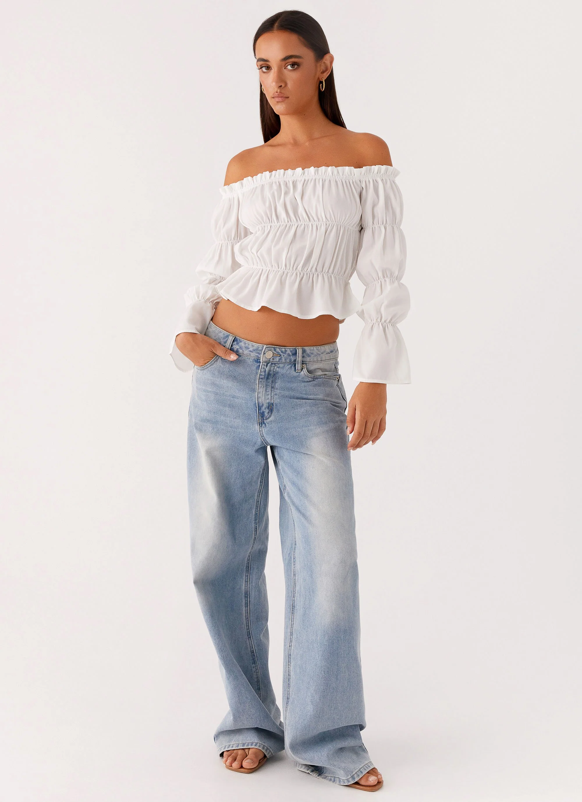 Imara Ruched Long Sleeve Top - Ivory - Image 6