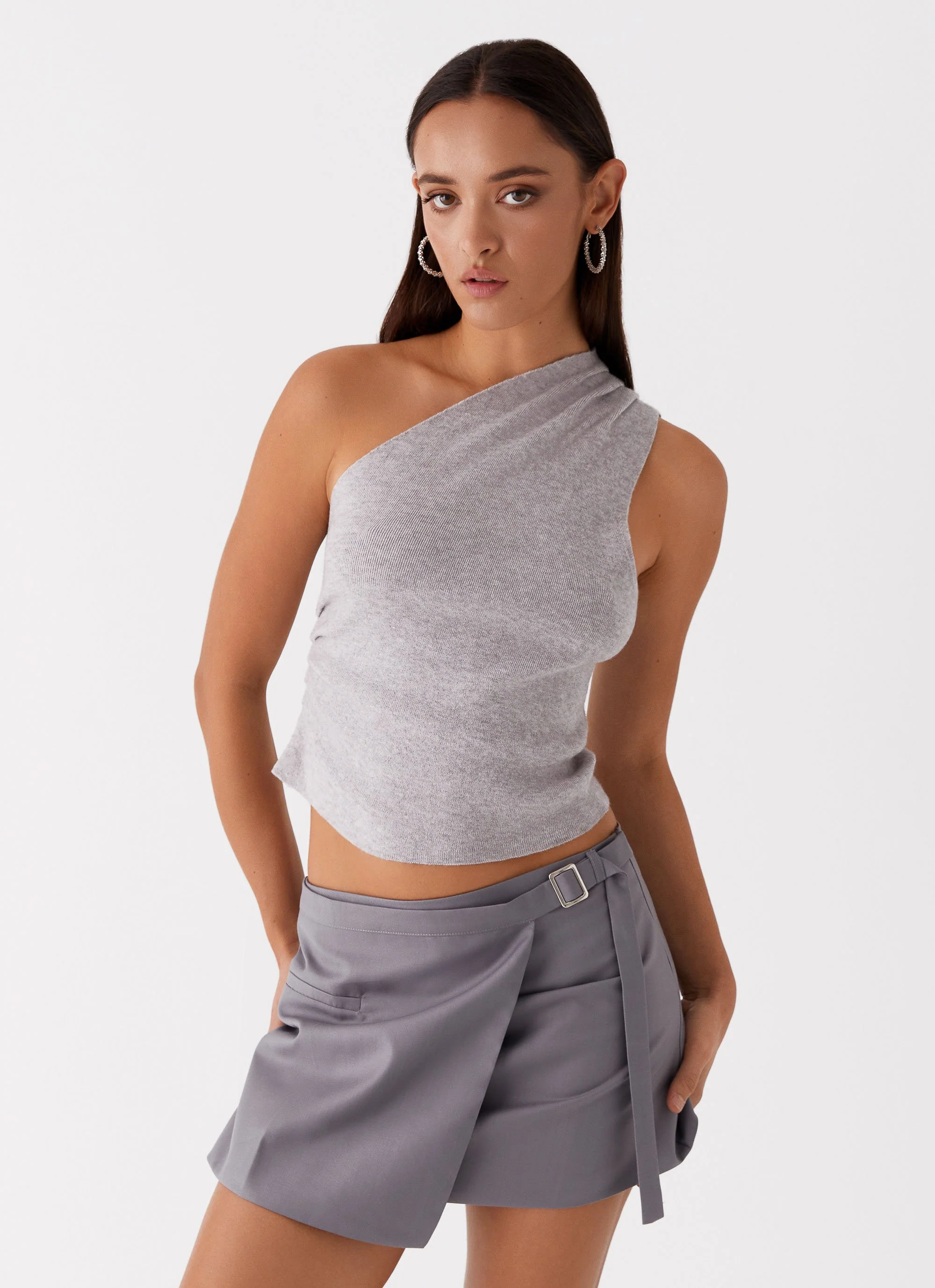 Indy One Shoulder Knit Top - Grey - Image 5