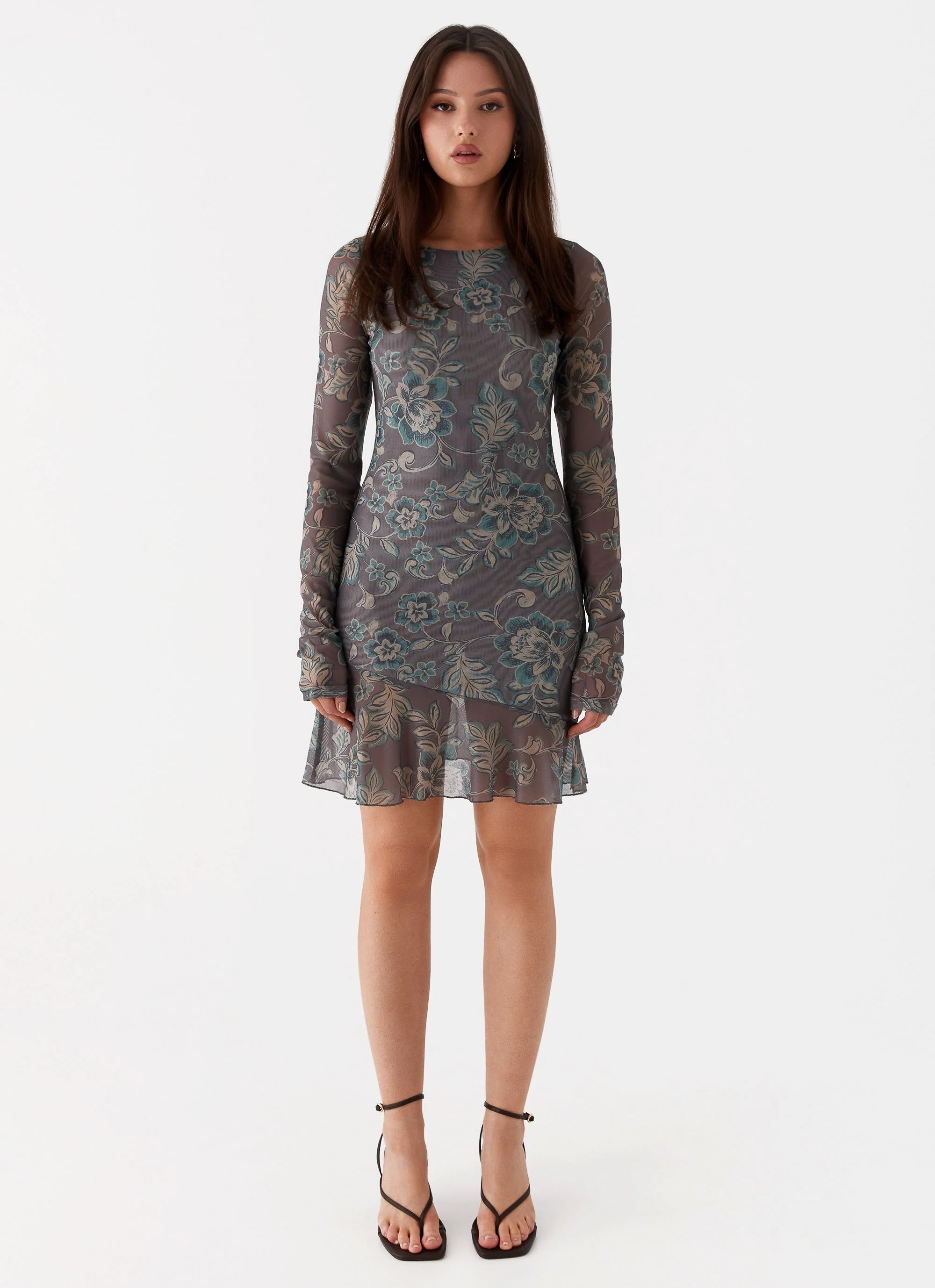 Ines Long Sleeve Mini Dress - Brown Floral - Image 2