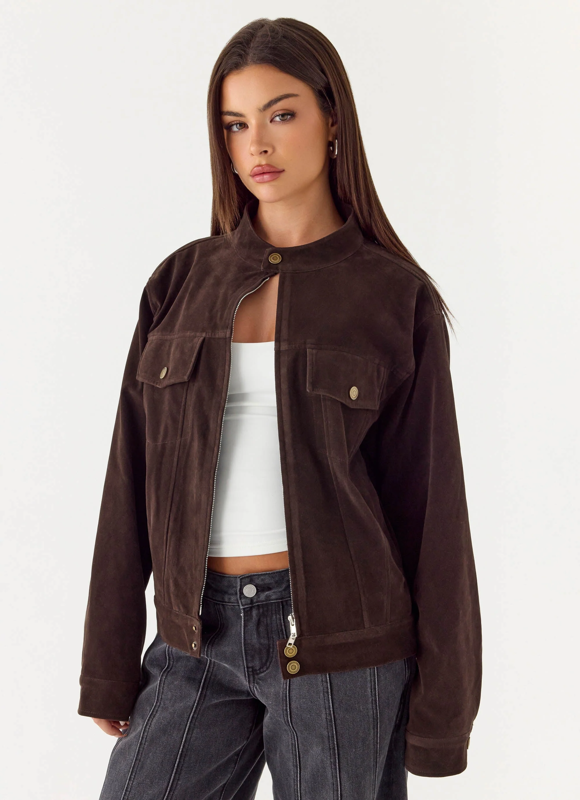 Jeremy Faux Suede Biker Jacket - Dark Chocolate - Image 2