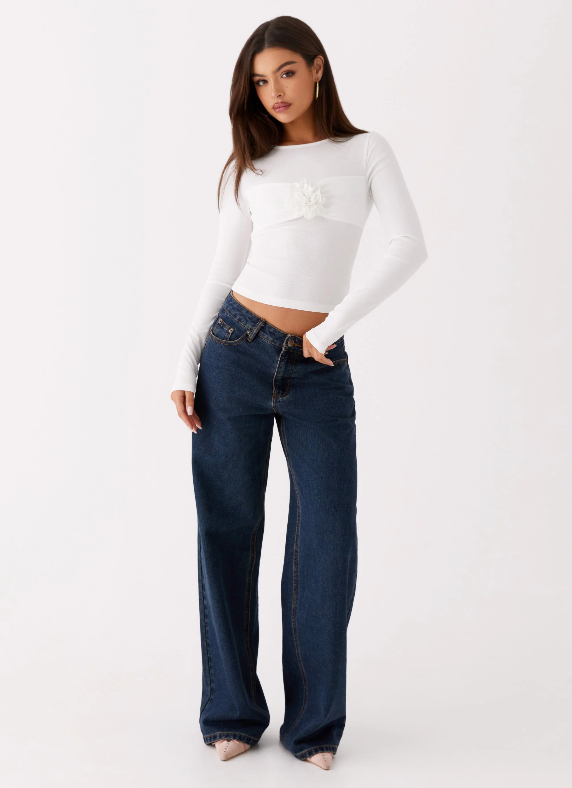 Jeyda Long Sleeve Rose Top - White - Image 5