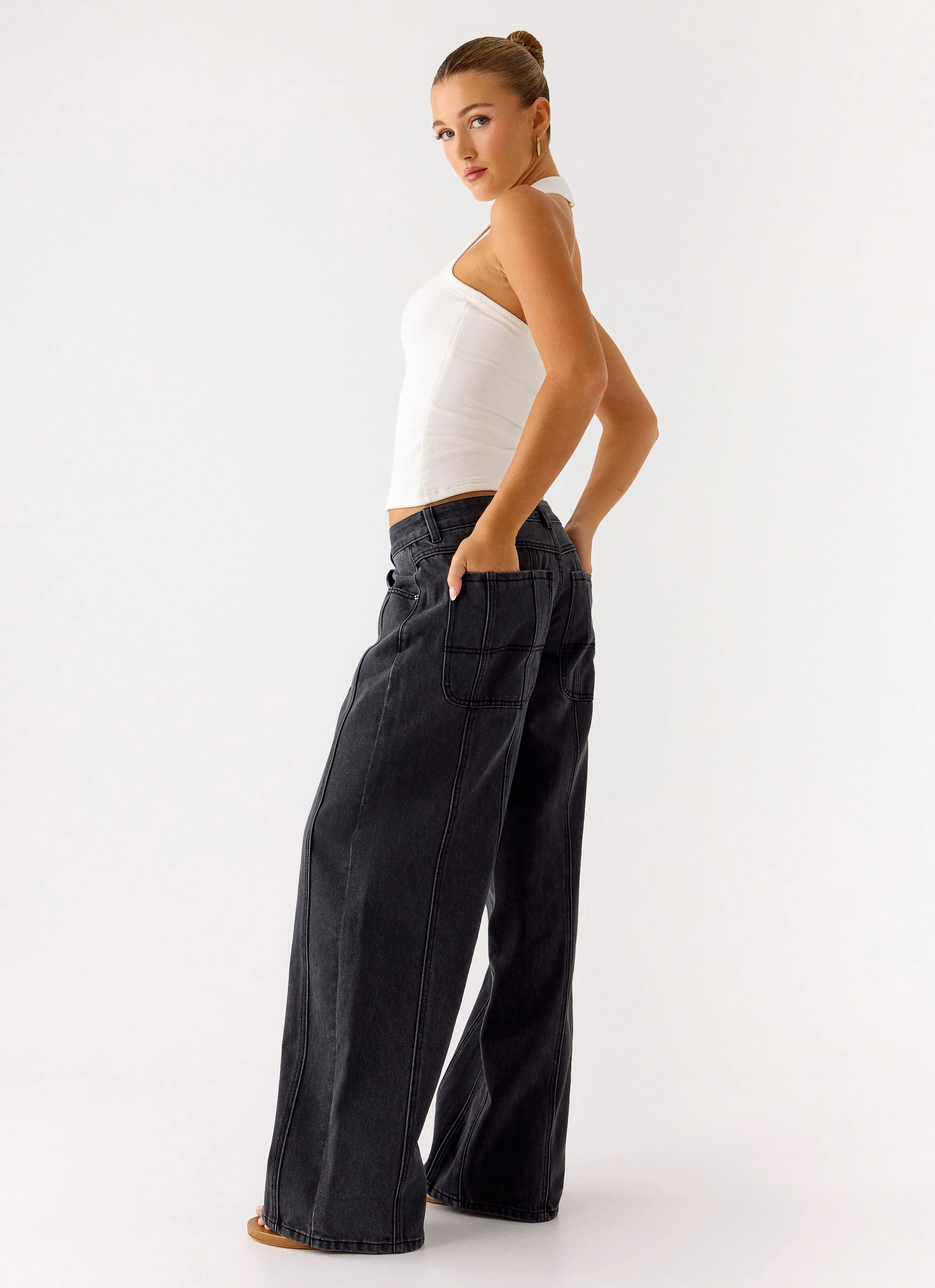 Johnny Low Rise Wide Leg Denim Jeans - Grey Charcoal - Image 6