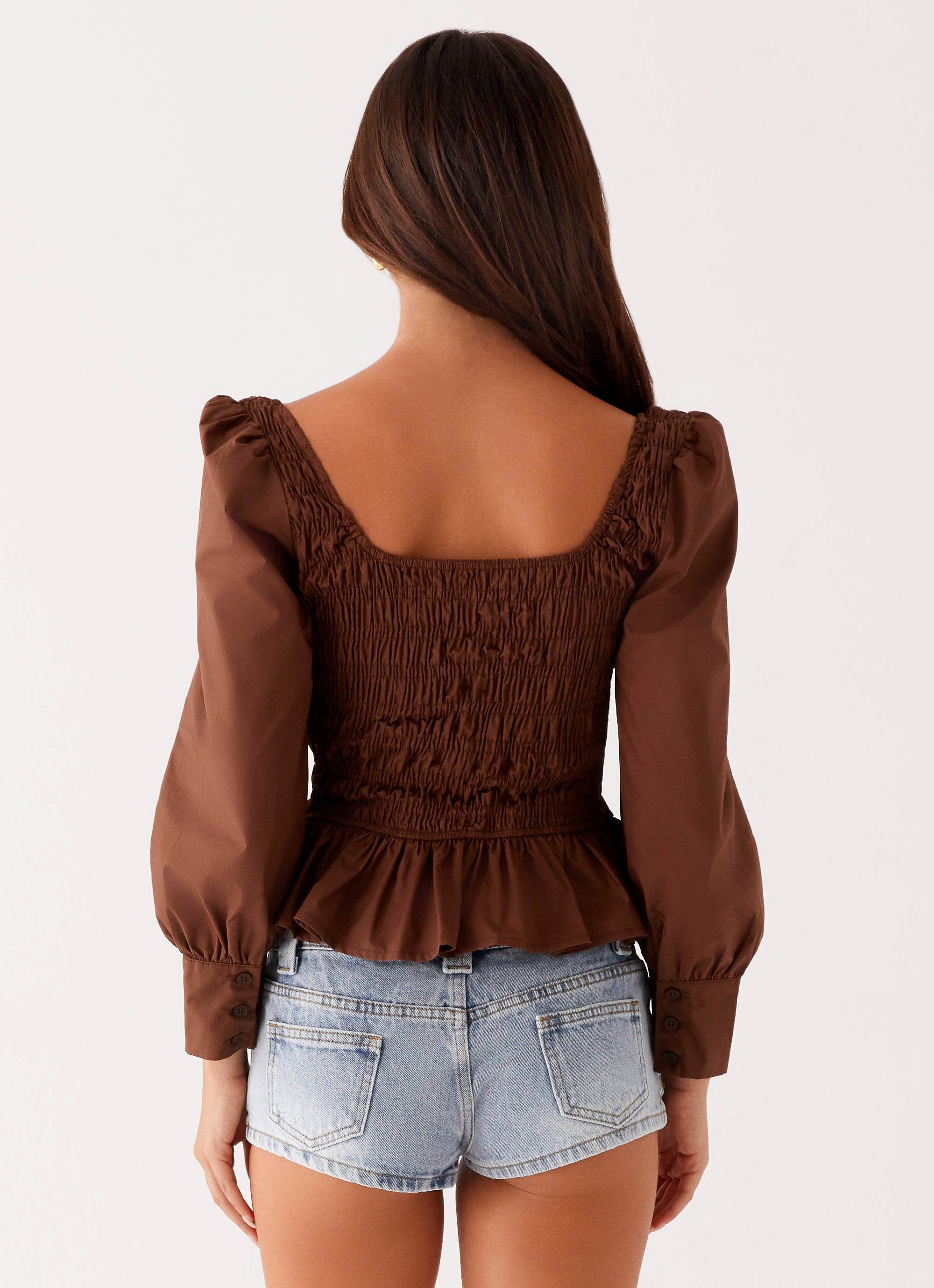 Joyce Long Sleeve Cotton Shirred Top - Chocolate - Image 2