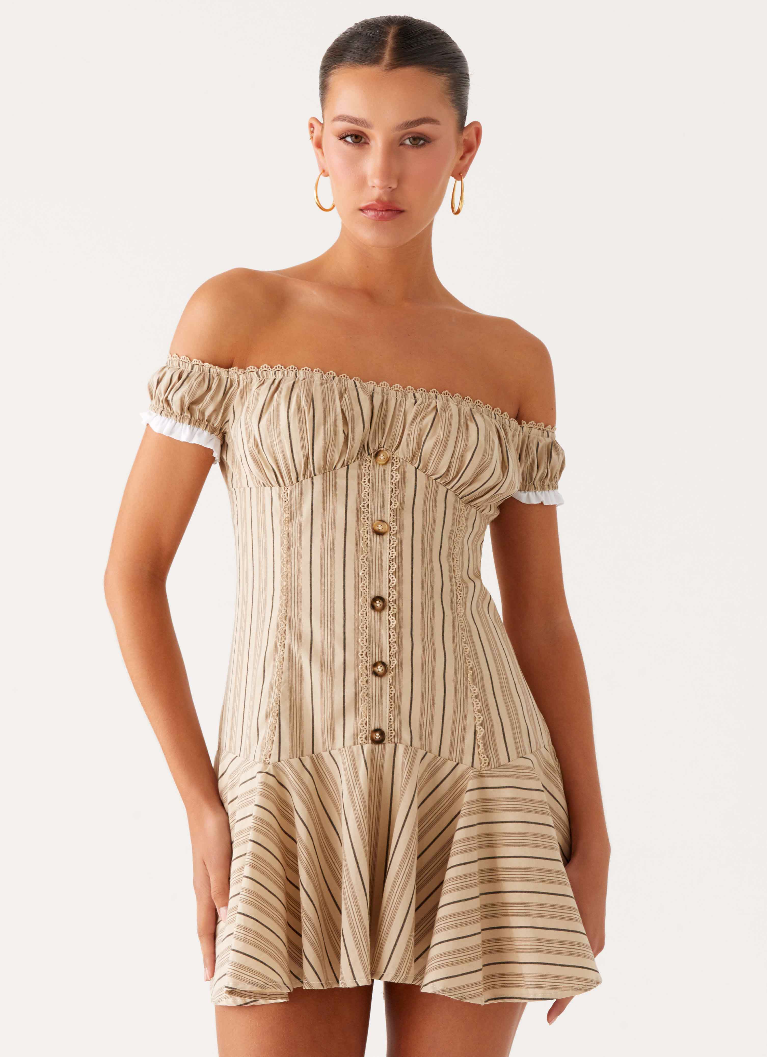 Jumana Off Shoulder Mini Dress - Off White Stripe - Image 5
