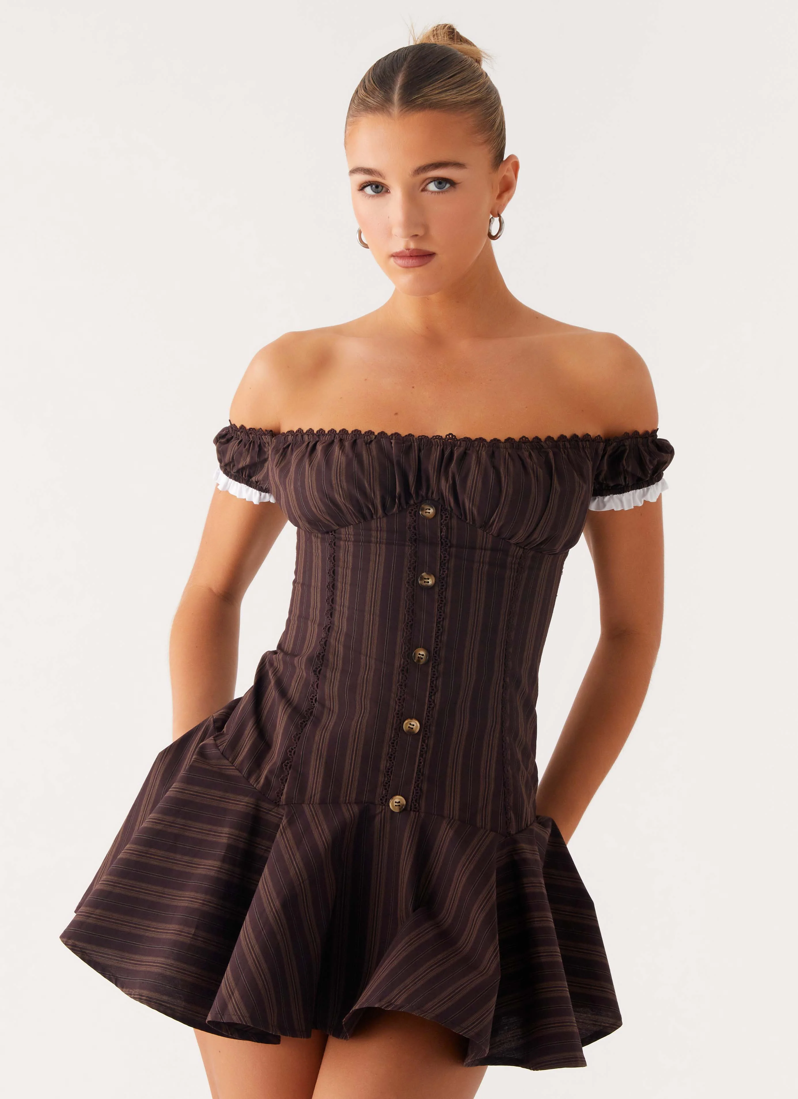 Jumana Off Shoulder Mini Dress - Toffee Stripe - Image 5