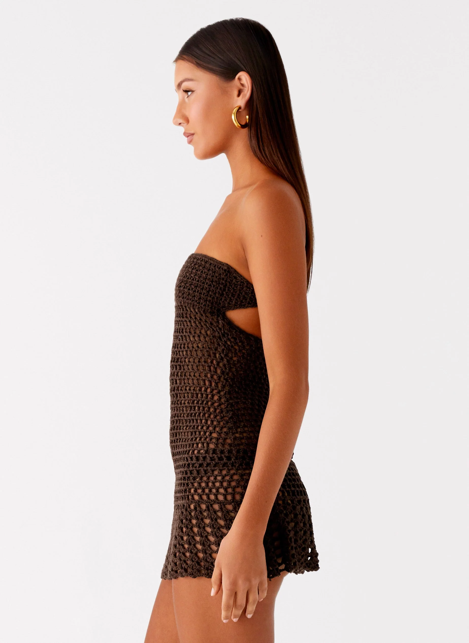 Kaiane Strapless Crochet Mini Dress - Chocolate - Image 3