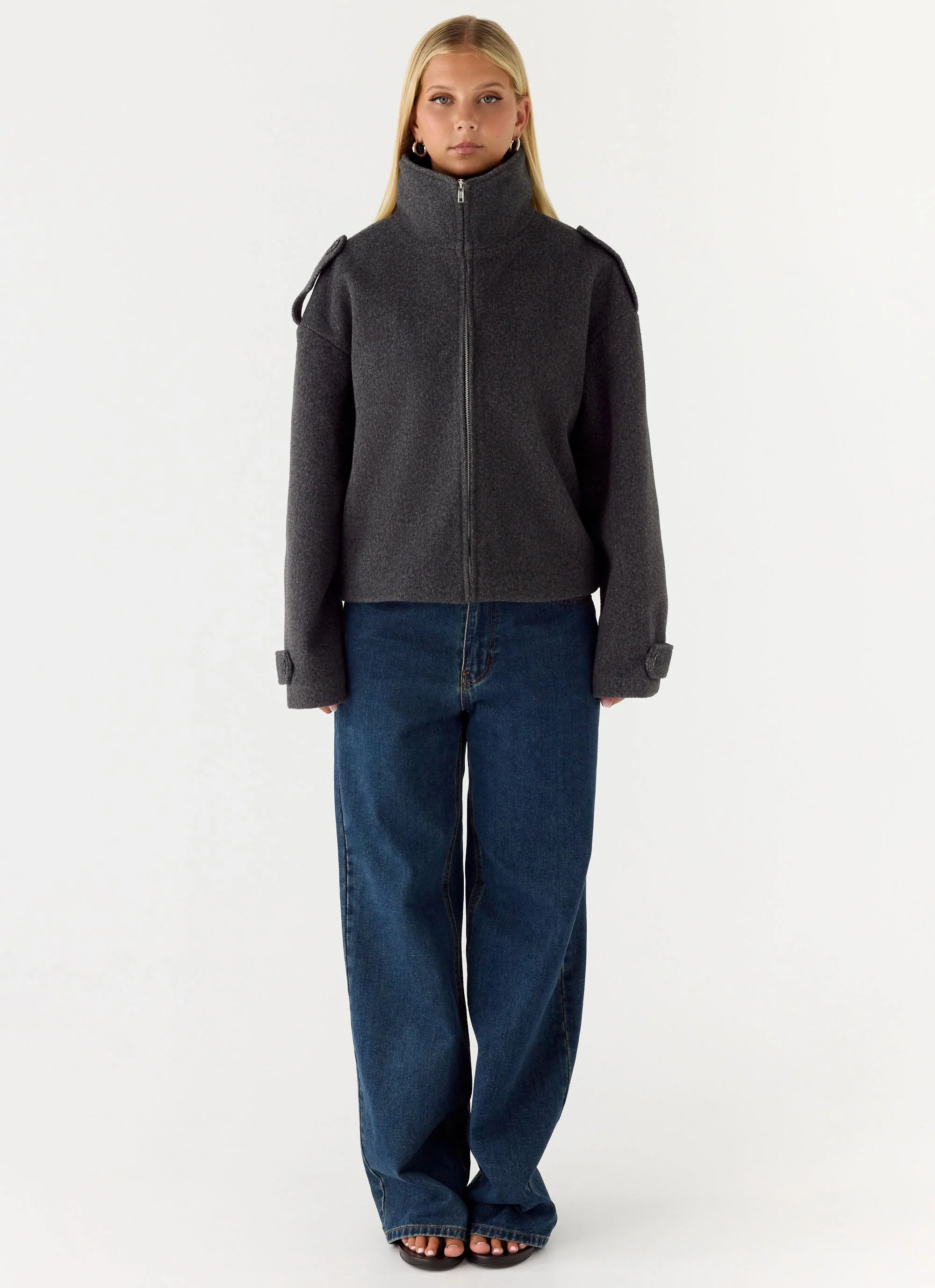 Kaiden Faux Wool Bomber Jacket - Charcoal - Image 2