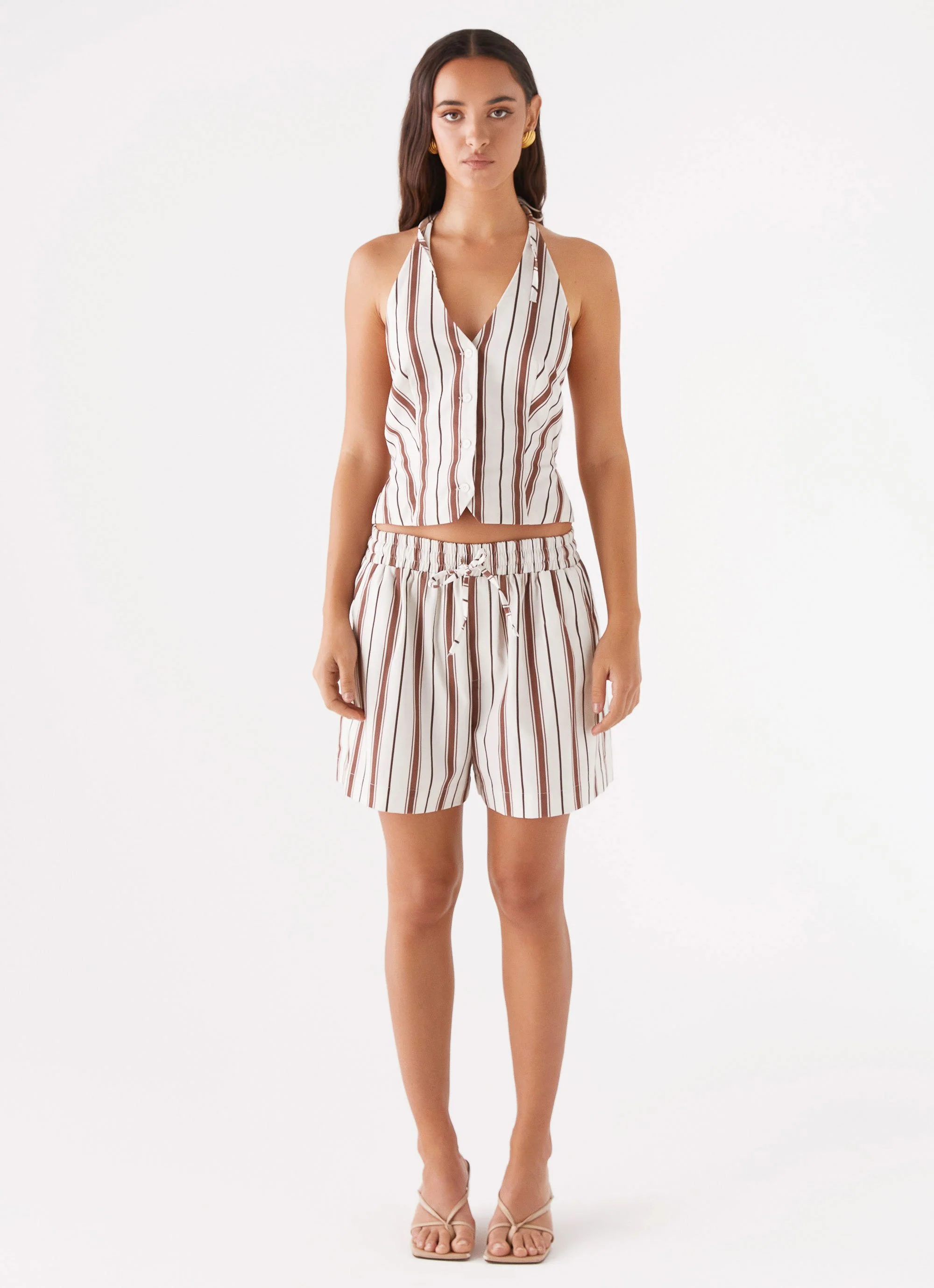 Kristen Linen Drawstring Shorts - Brown Stripe - Image 3