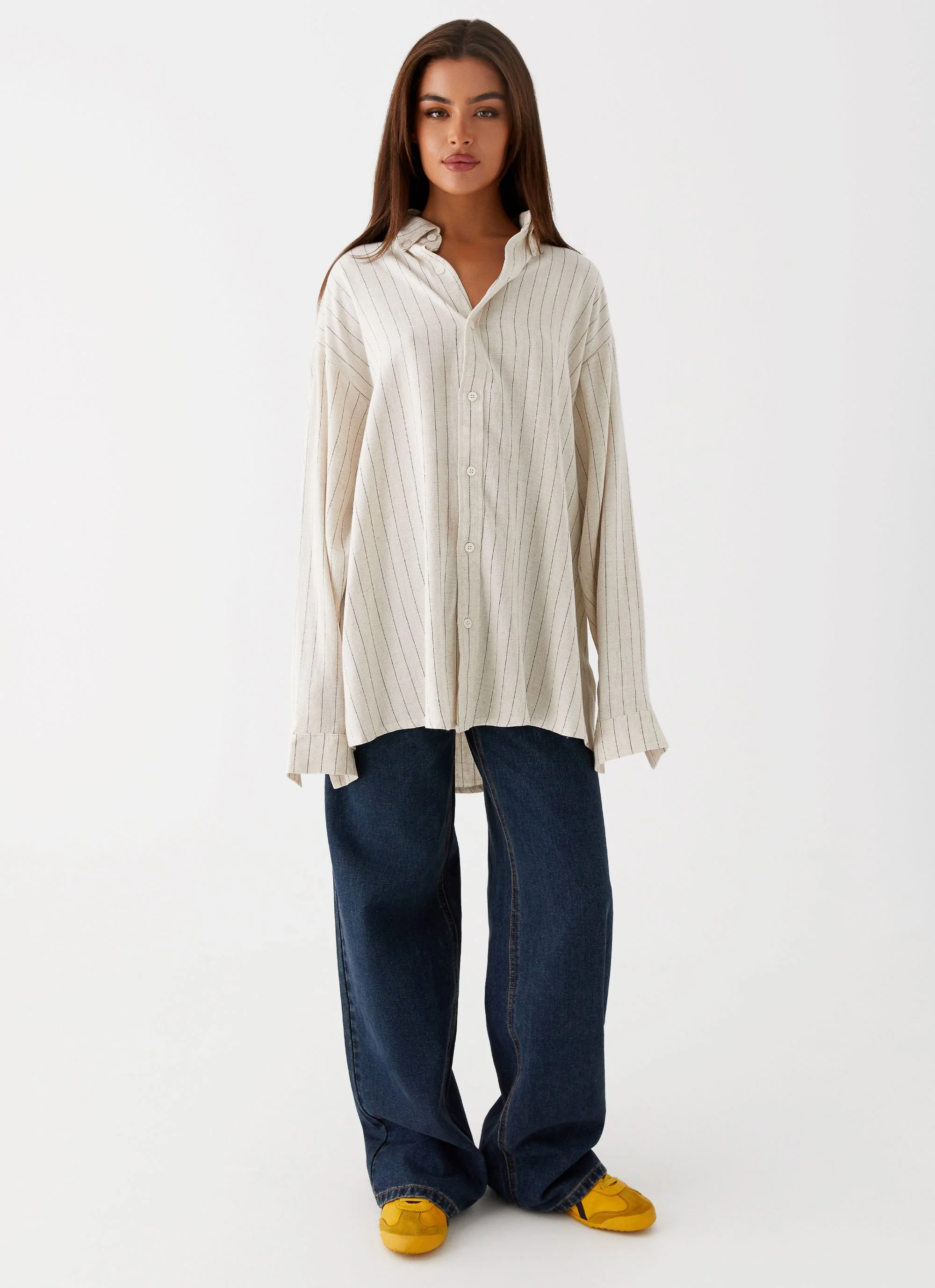 Lockie Oversized Linen Shirt - Oat Pinstripe - Image 2