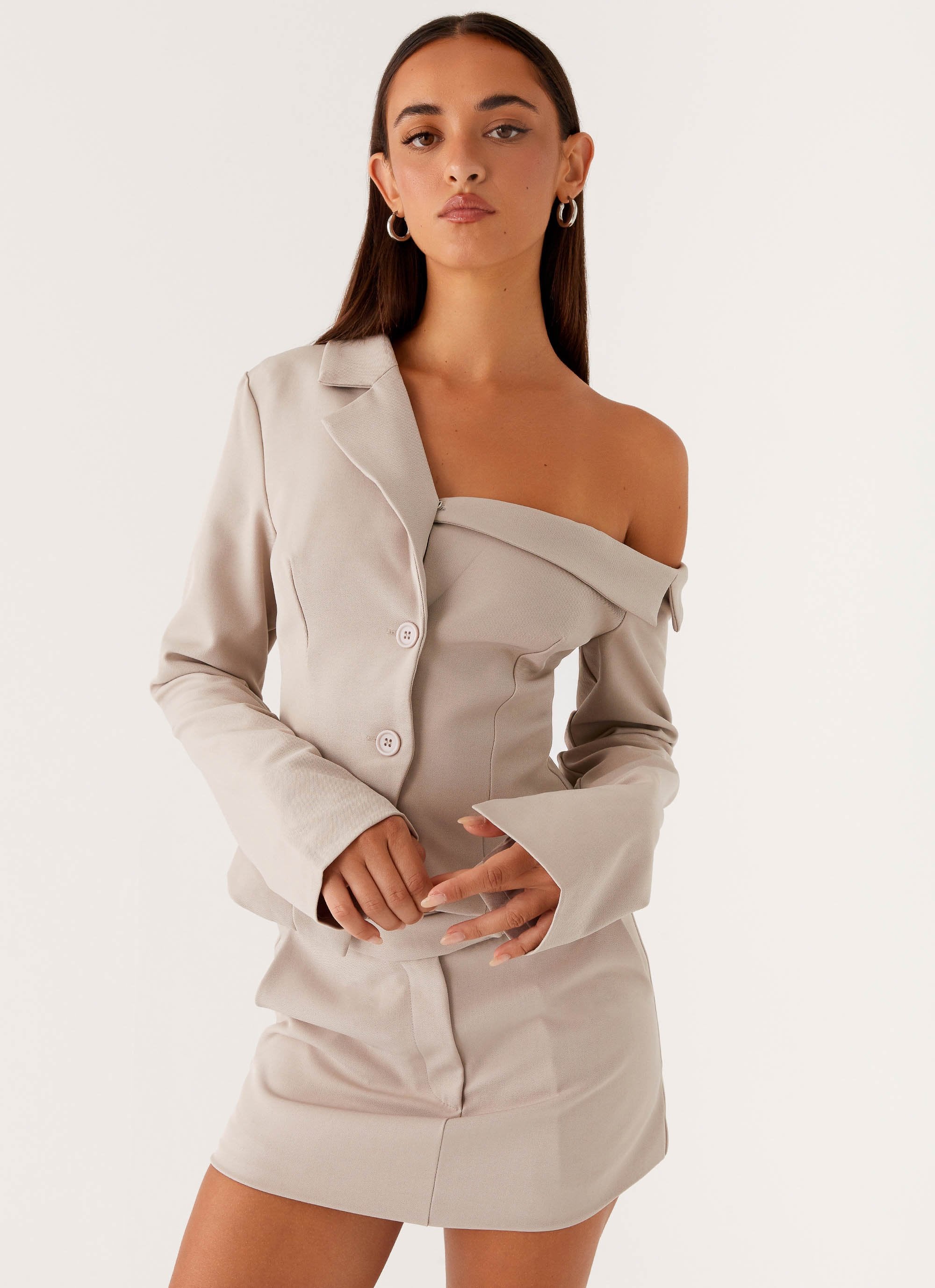 Looking Good Off Shoulder Blazer - Pebble - Image 5