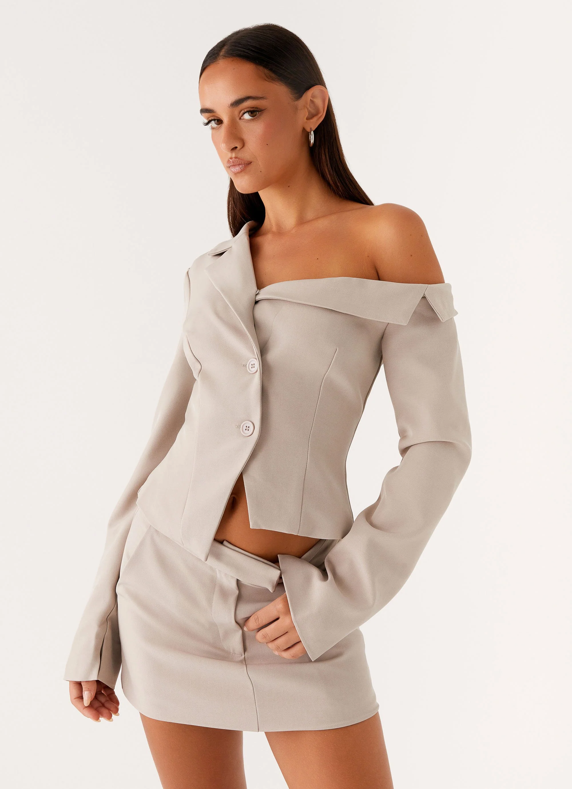Looking Good Off Shoulder Blazer - Pebble - Image 6