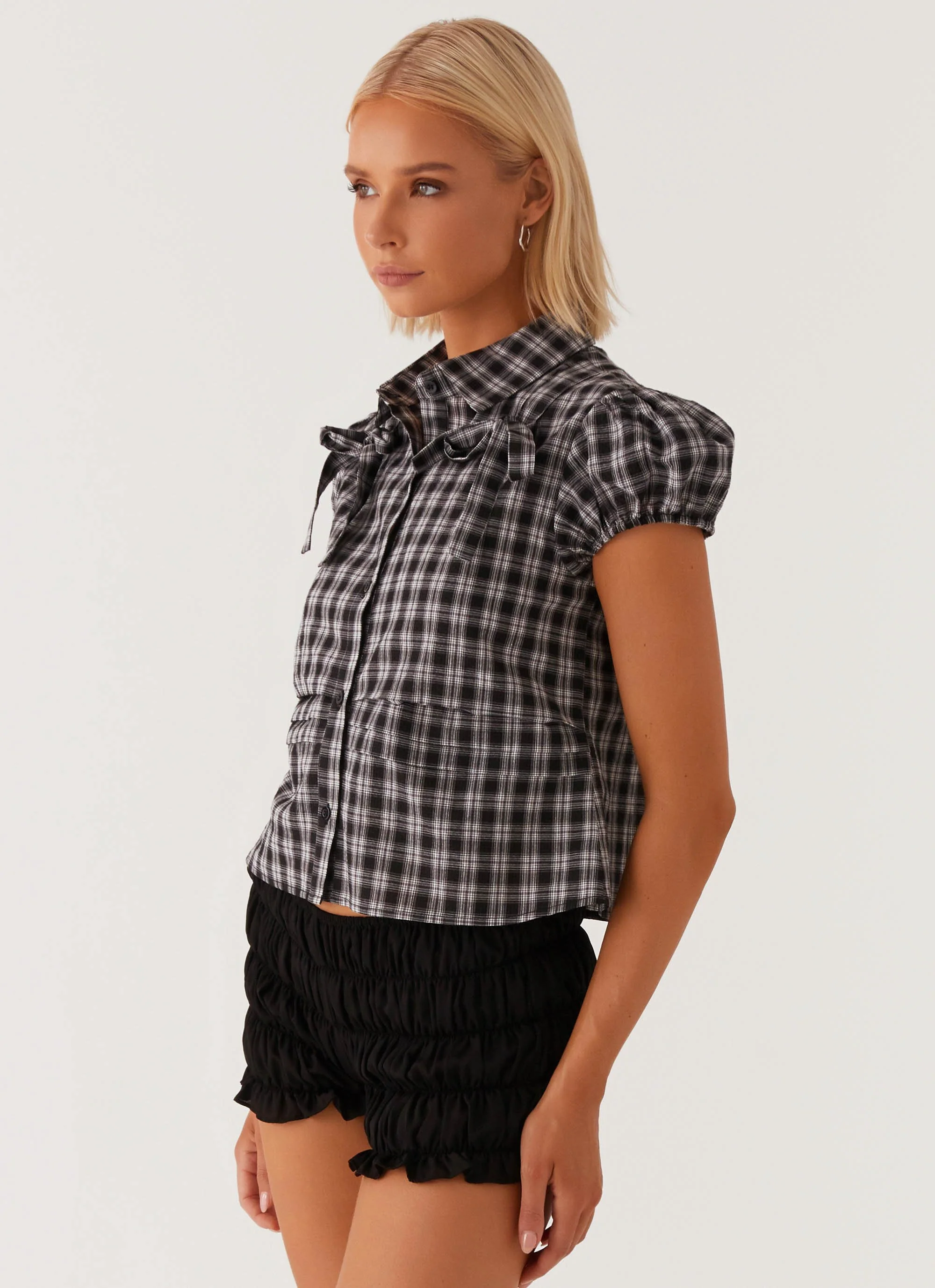 Lorraine Puff Sleeve Top - Black White Check - Image 4
