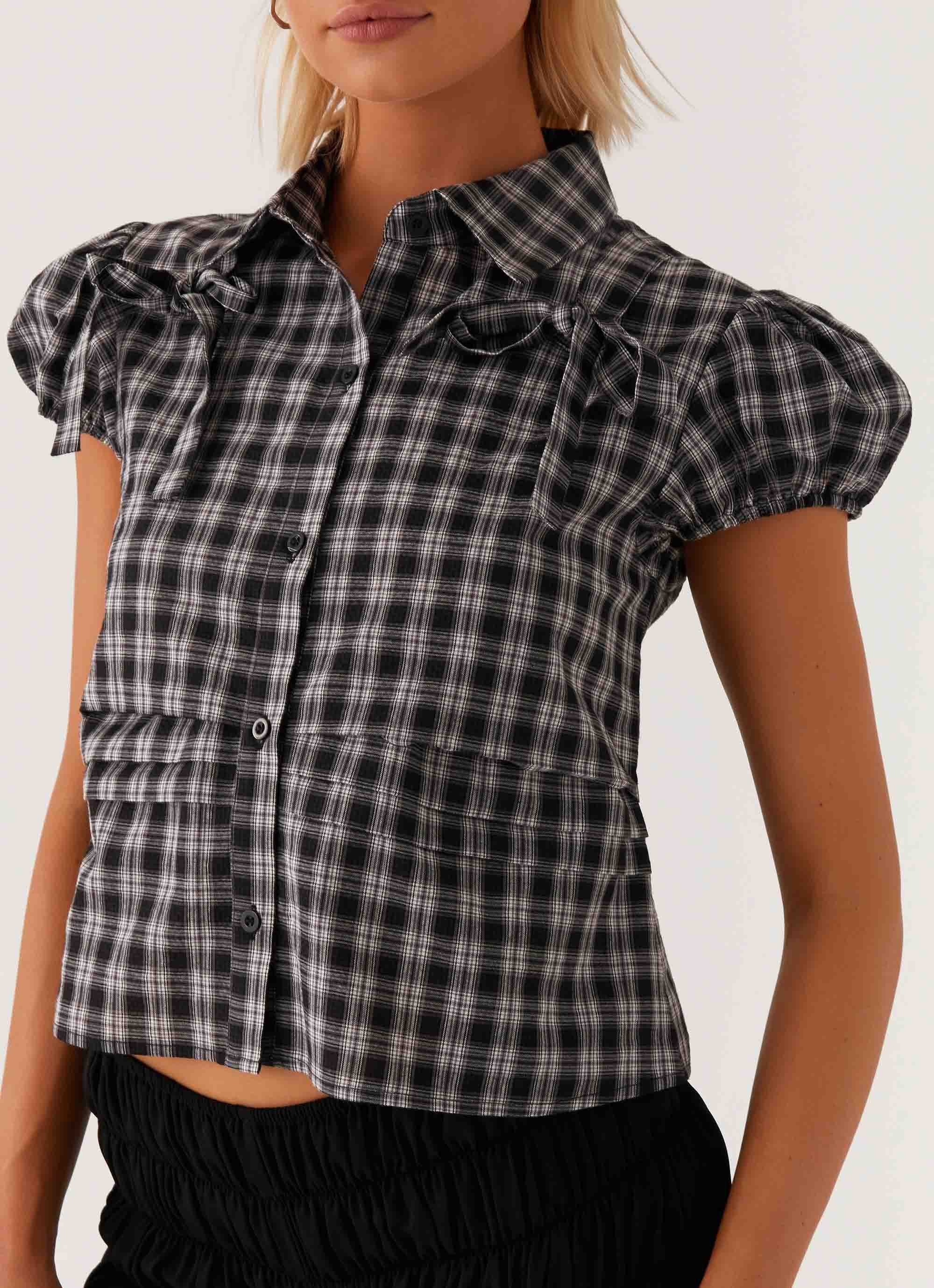 Lorraine Puff Sleeve Top - Black White Check - Image 6