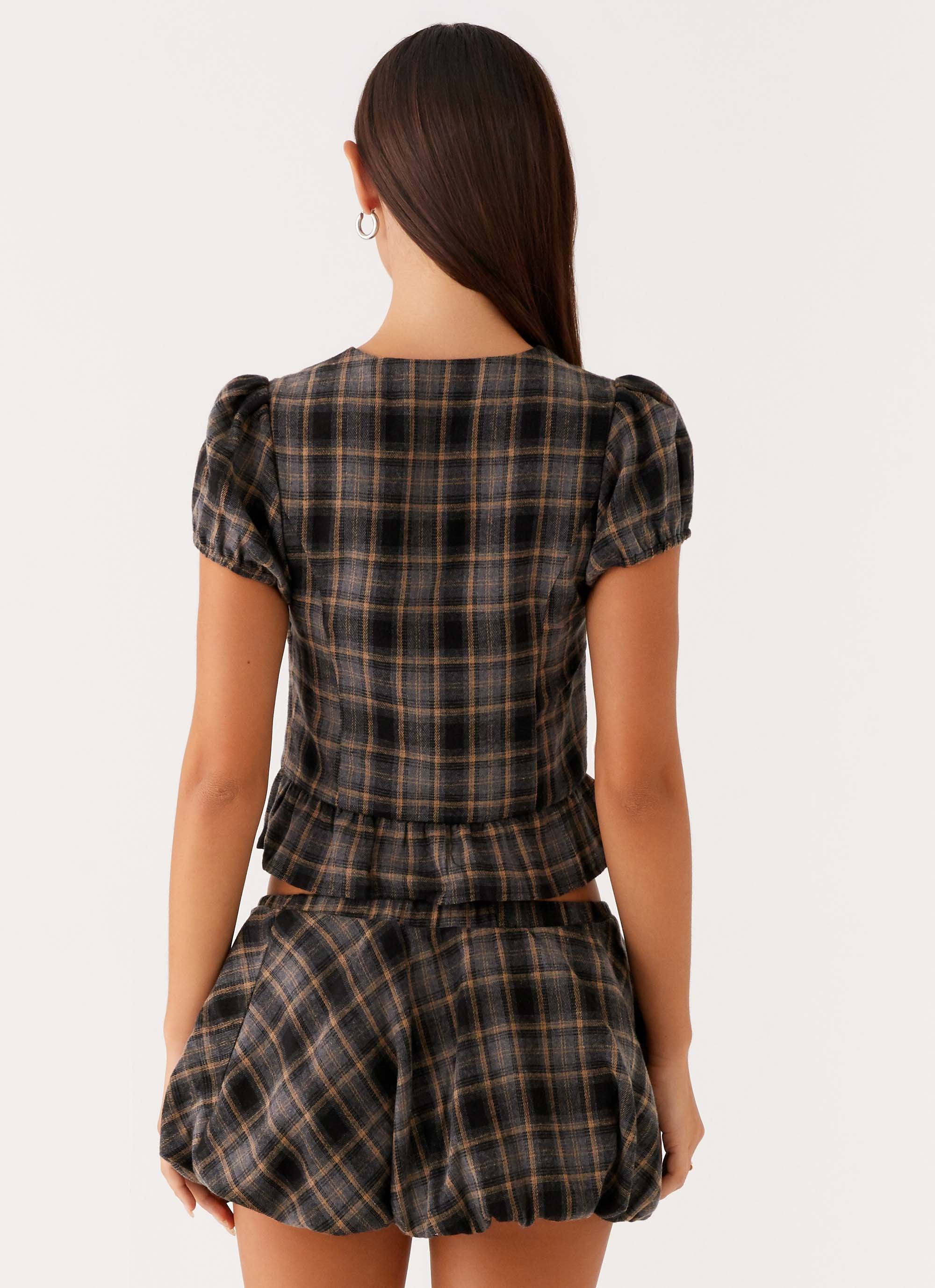 Lucia Puff Sleeve Top - Brown Check - Image 4