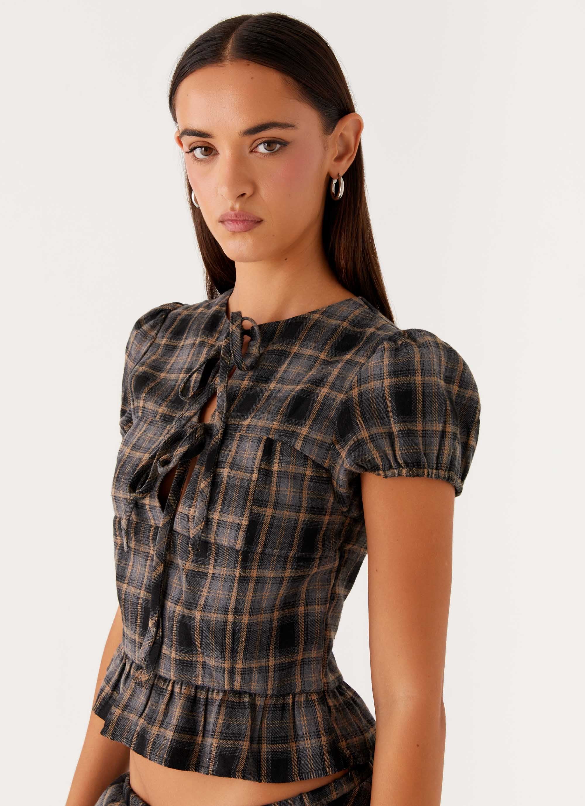 Lucia Puff Sleeve Top - Brown Check - Image 5