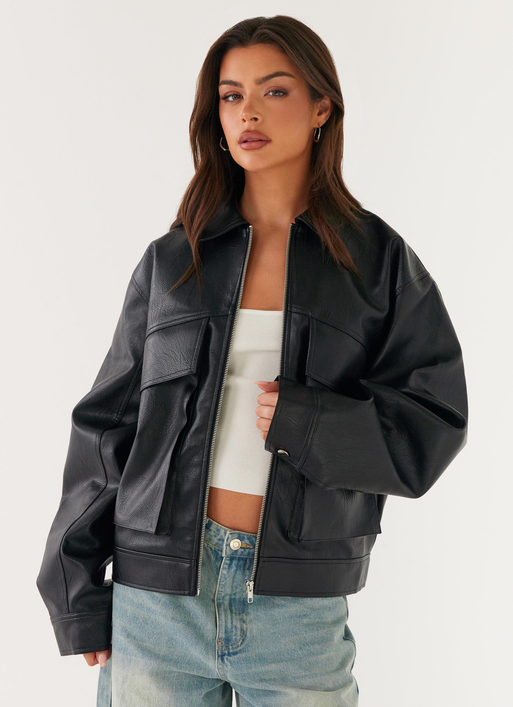 Lula Faux Leather Bomber Jacket - Black - Image 6