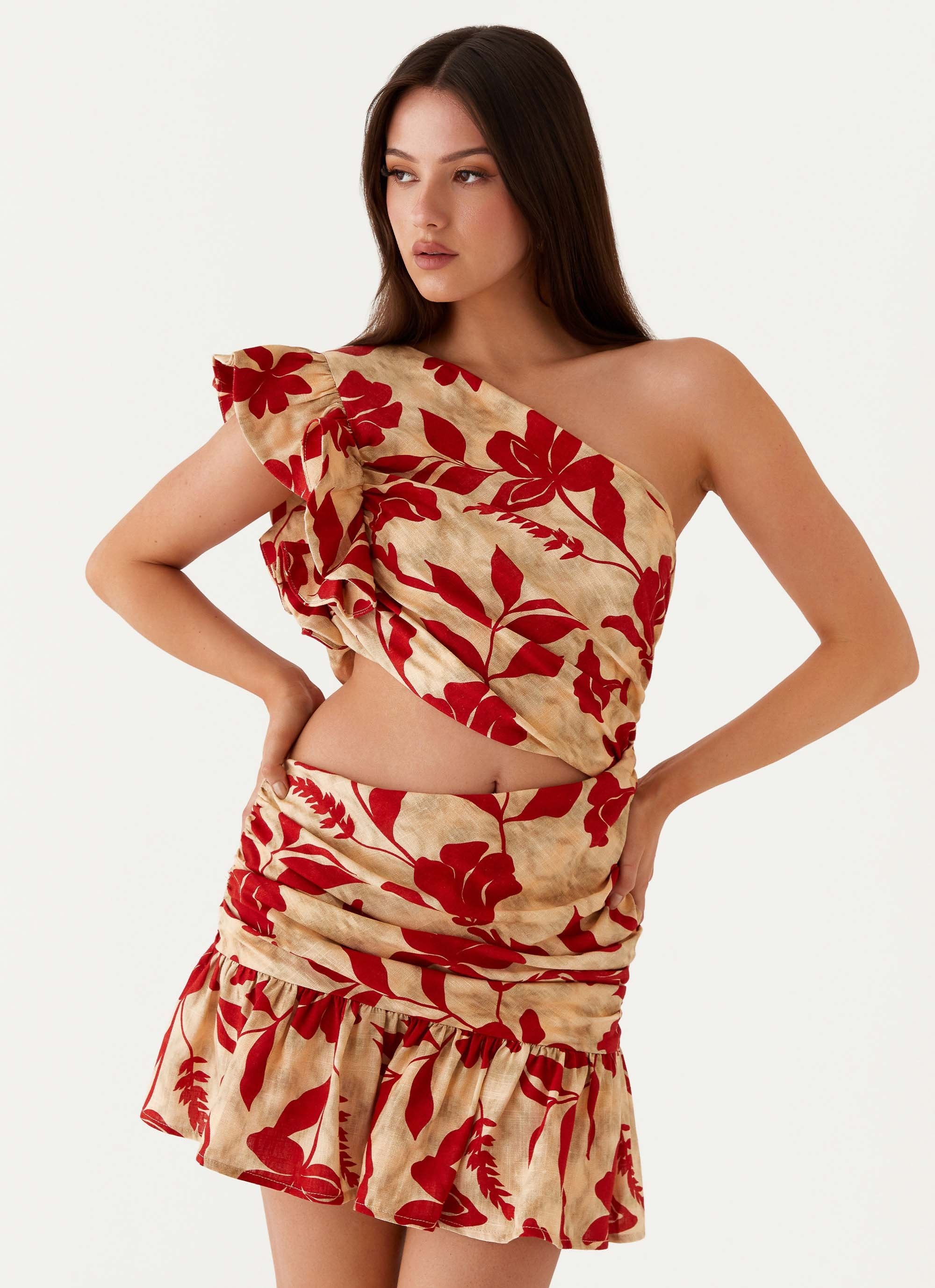 Maisie Linen Mini Dress - Red Green Floral - Image 5