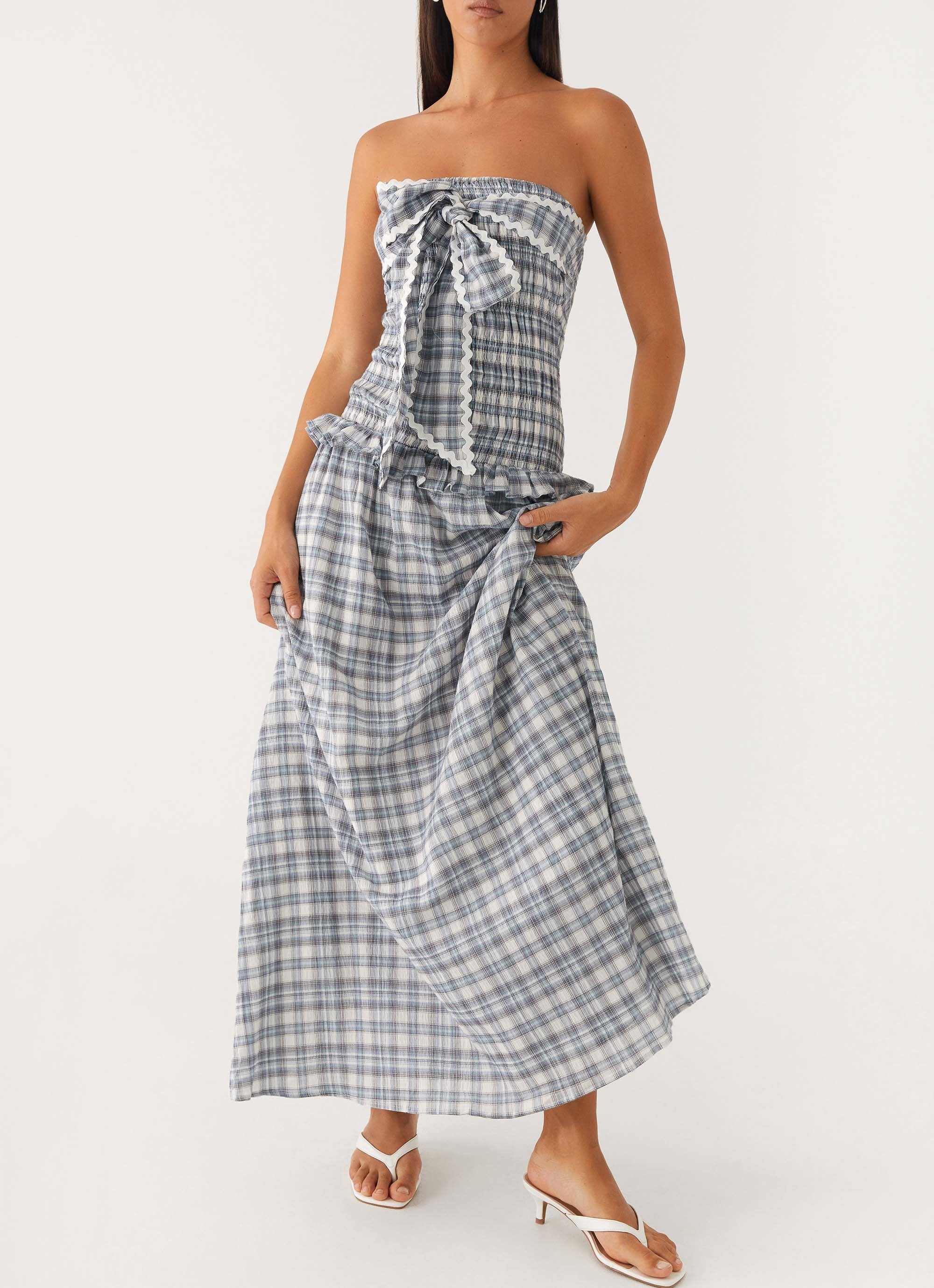 Malia Shirred Maxi Dress - Blue Grey Check - Image 5