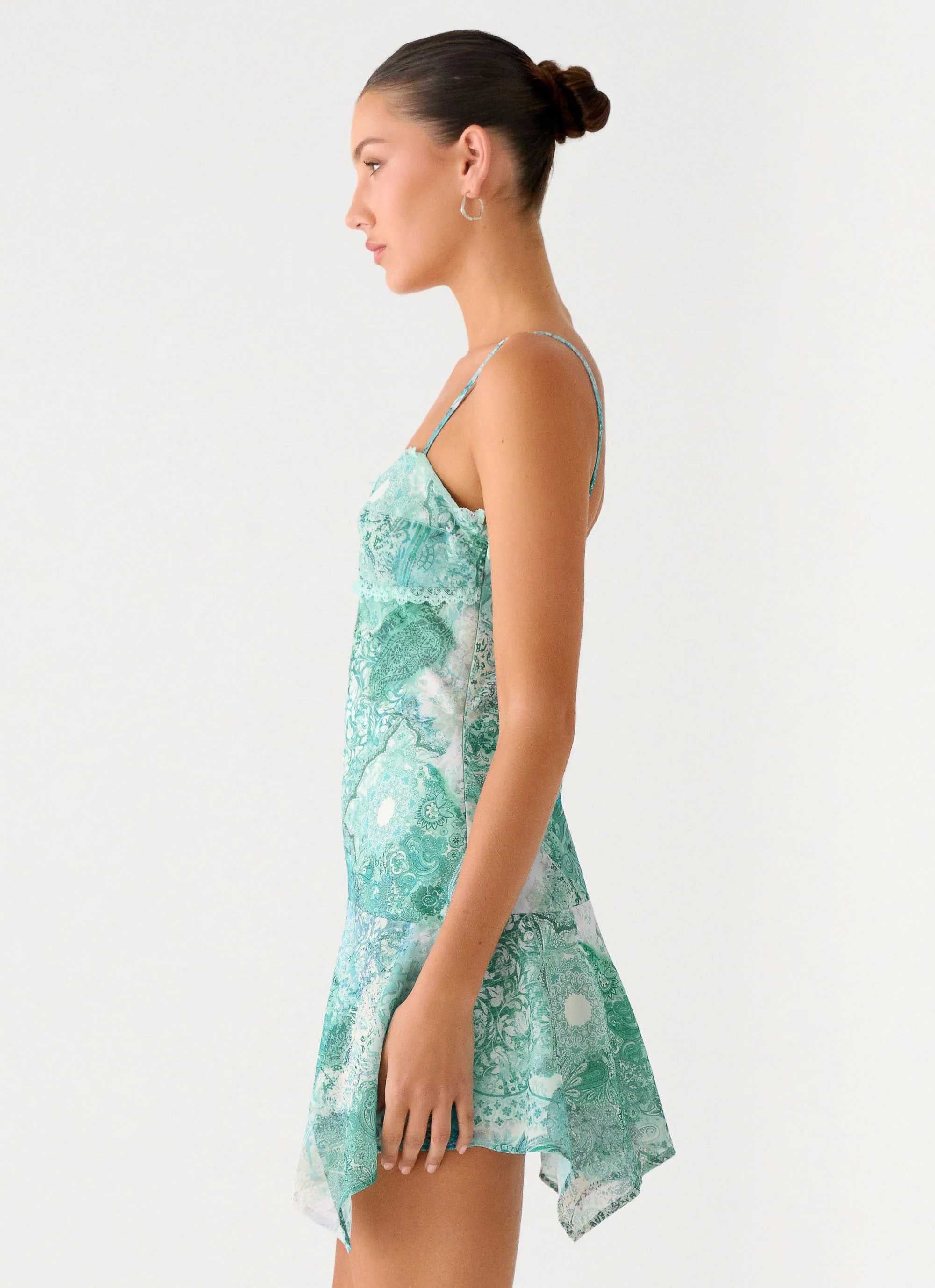 Marine Mist Asymmetric Hem Mini Dress - Green Paisley - Image 2