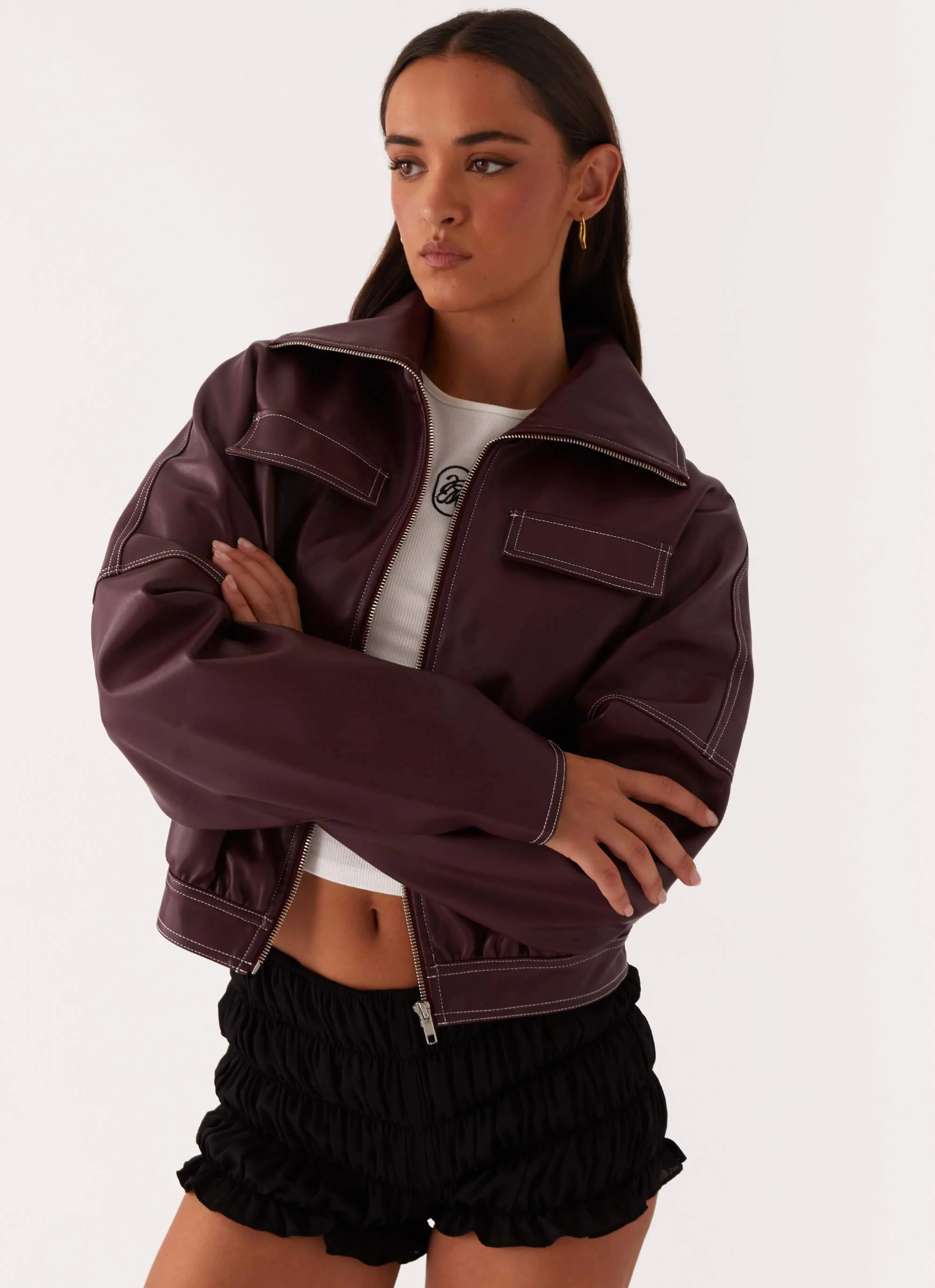 Meant To Be PU Boxy Jacket - Wine - Image 6