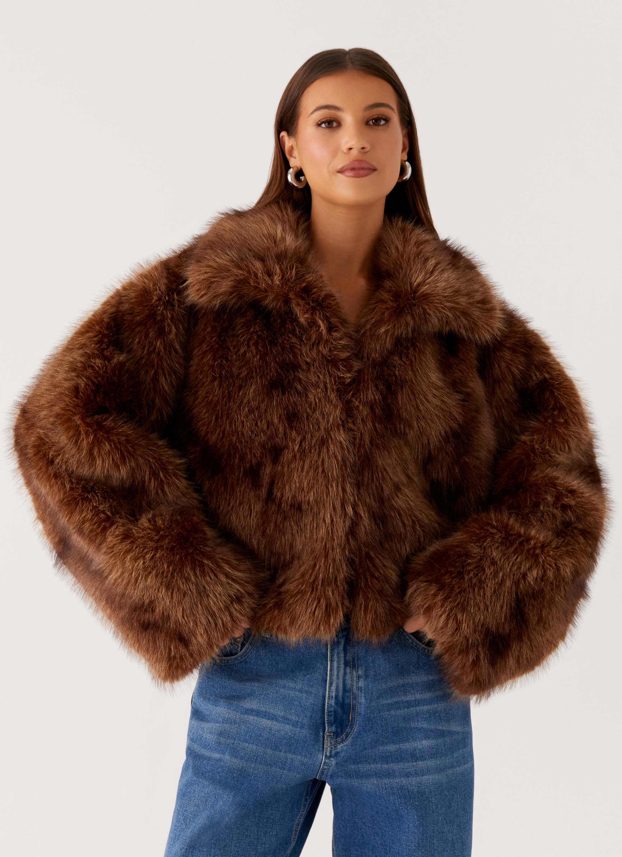 Miccy Cropped Faux Fur Coat - Chocolate - Image 6