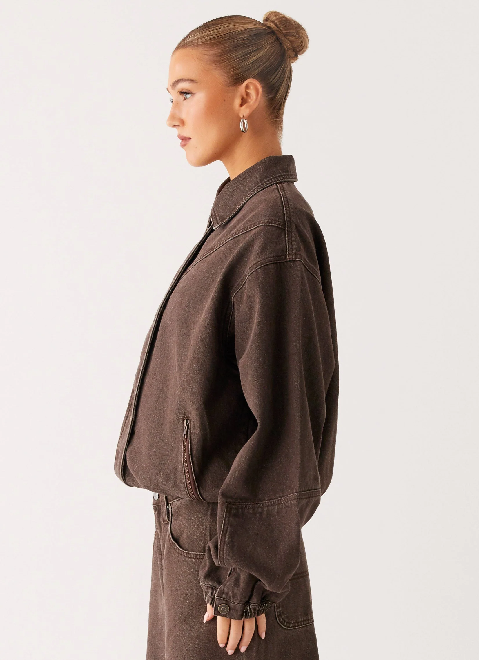 Midwest Washed Denim Bomber Jacket - Light Wash Chocolate - Image 3