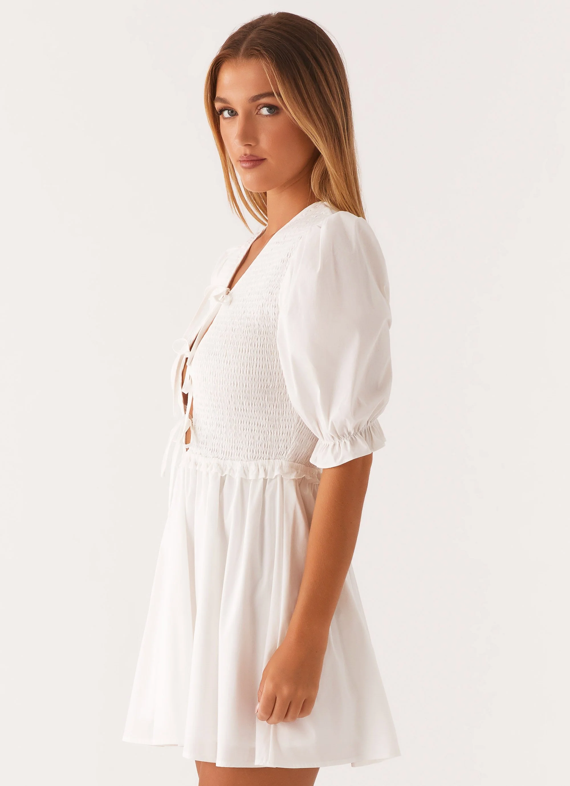 Milana Shirred Puff Sleeve Mini Dress - White - Image 3