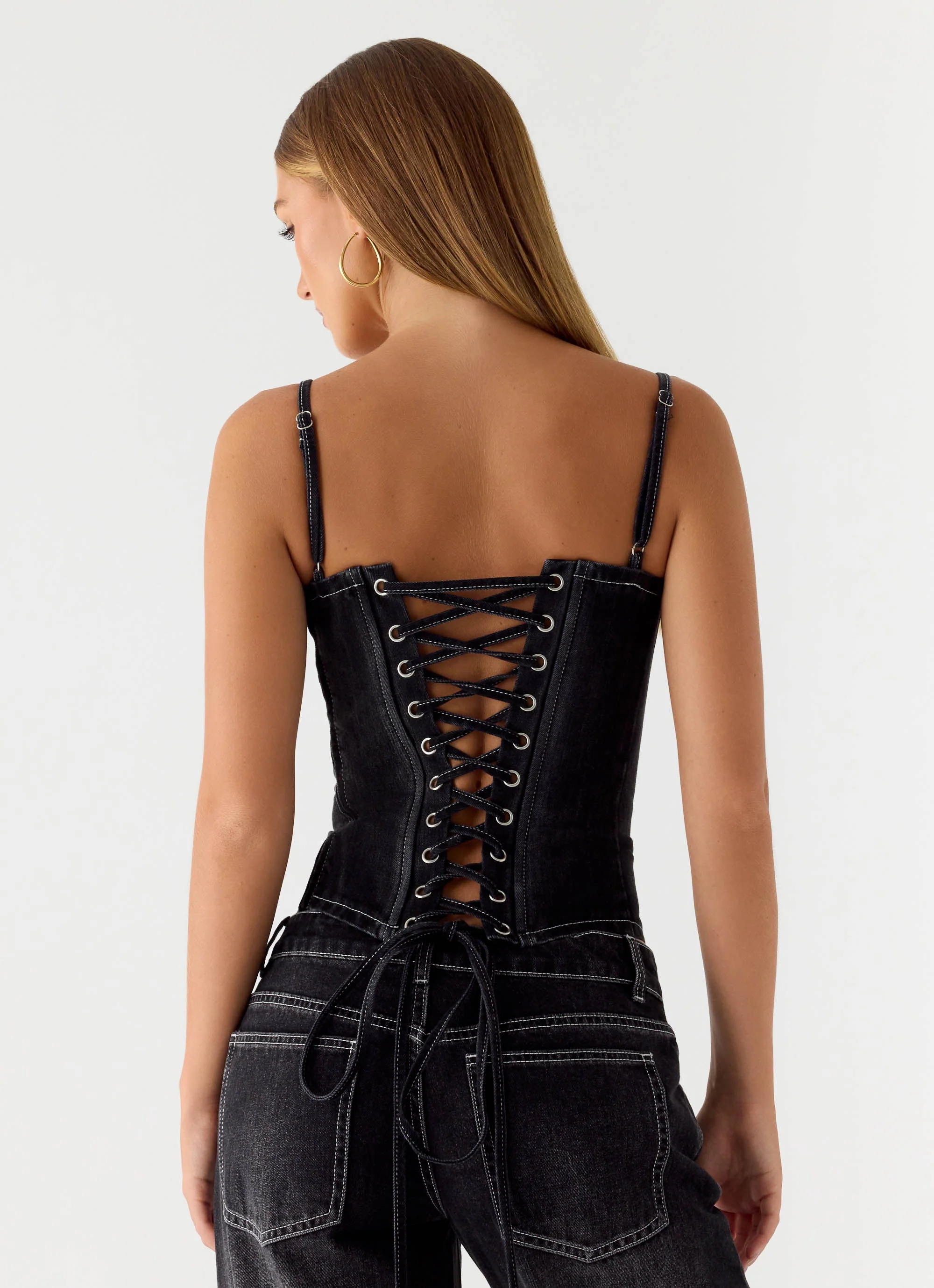 Nathan Denim Corset Top - Washed Black - Image 3