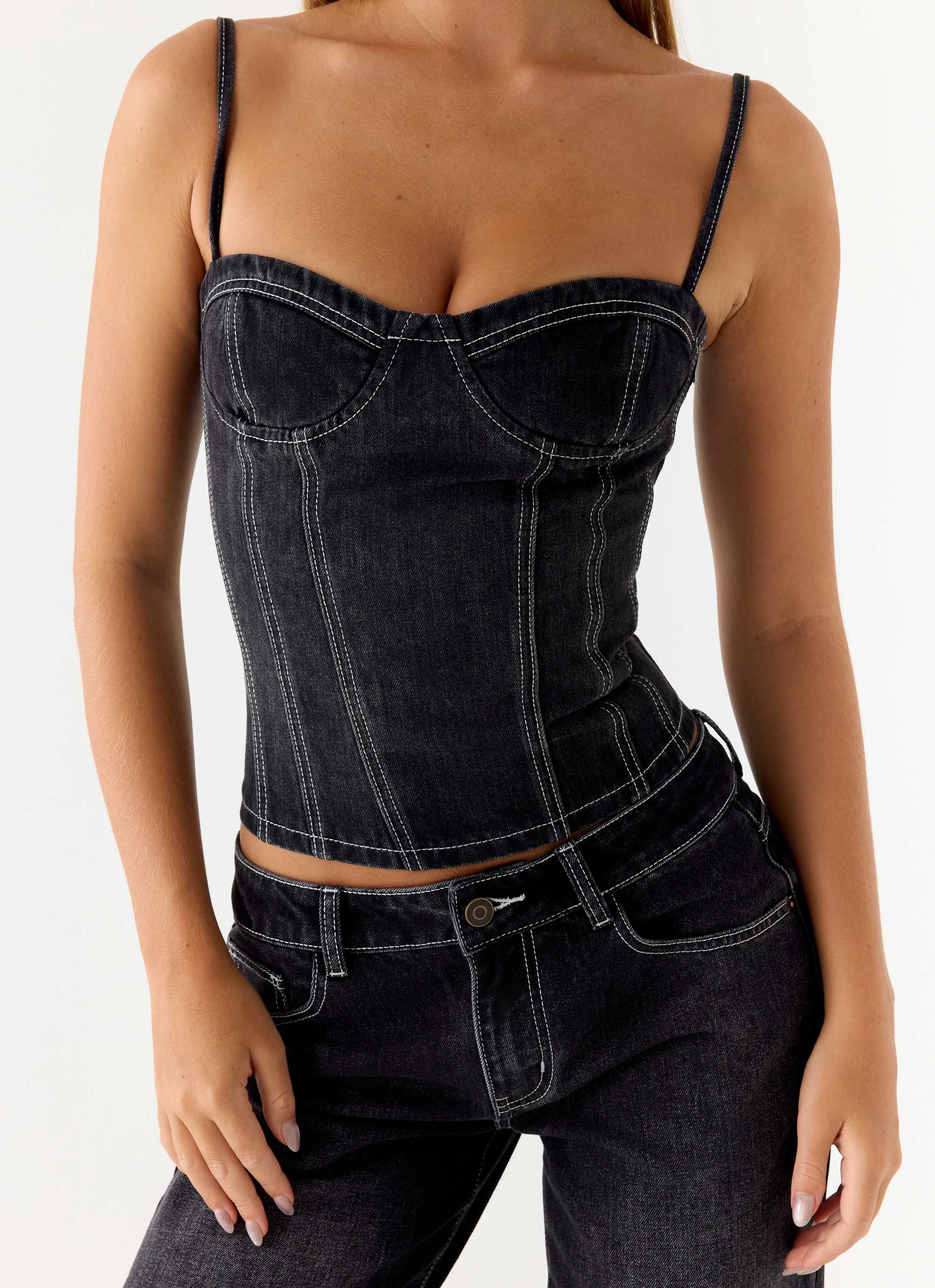 Nathan Denim Corset Top - Washed Black - Image 5