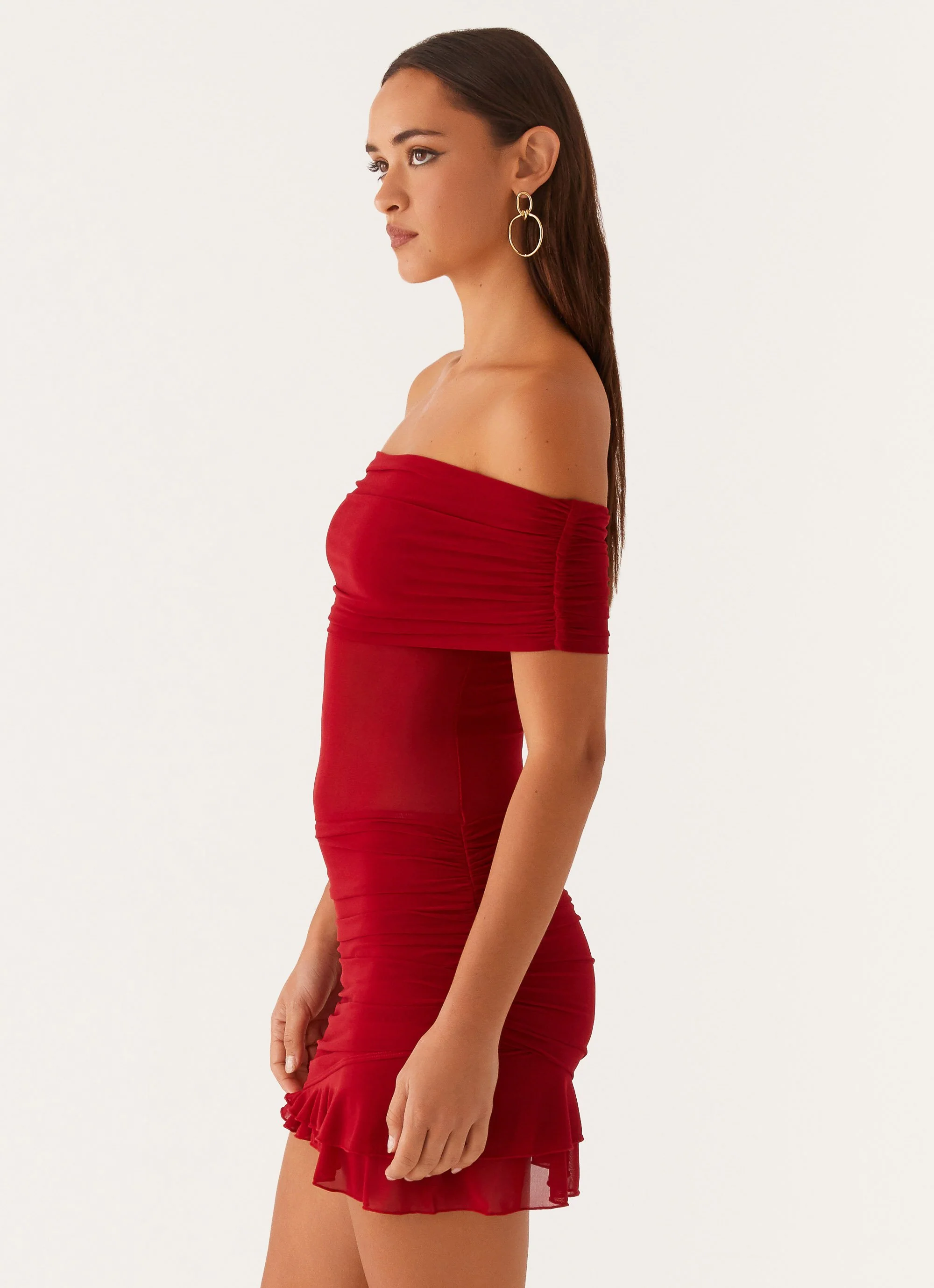 Nelly Off Shoulder Mini Dress - Deep Red - Image 3