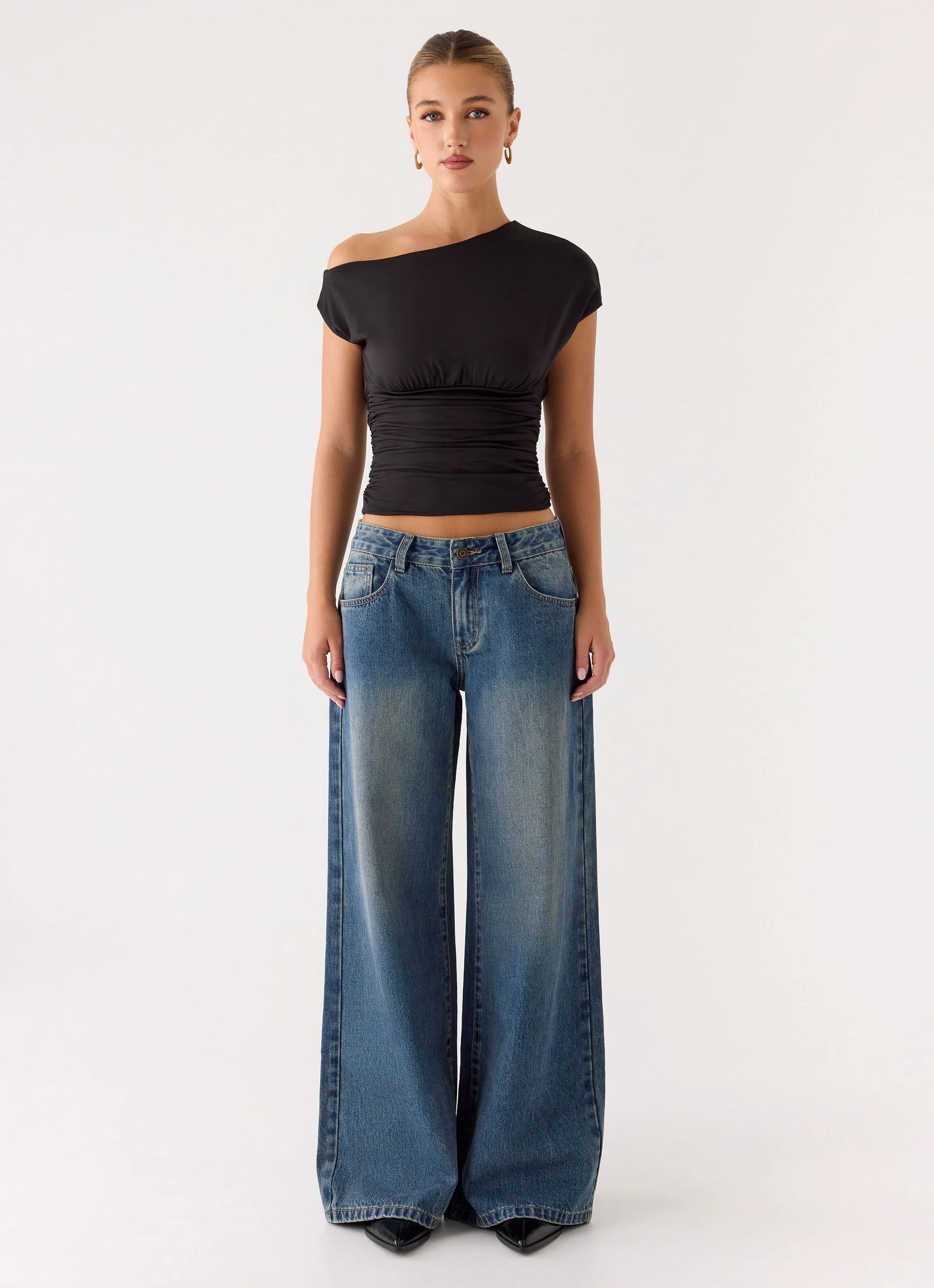Neo Low Rise Wide Leg Denim Jeans - Vintage Blue Bleach Wash - Image 2