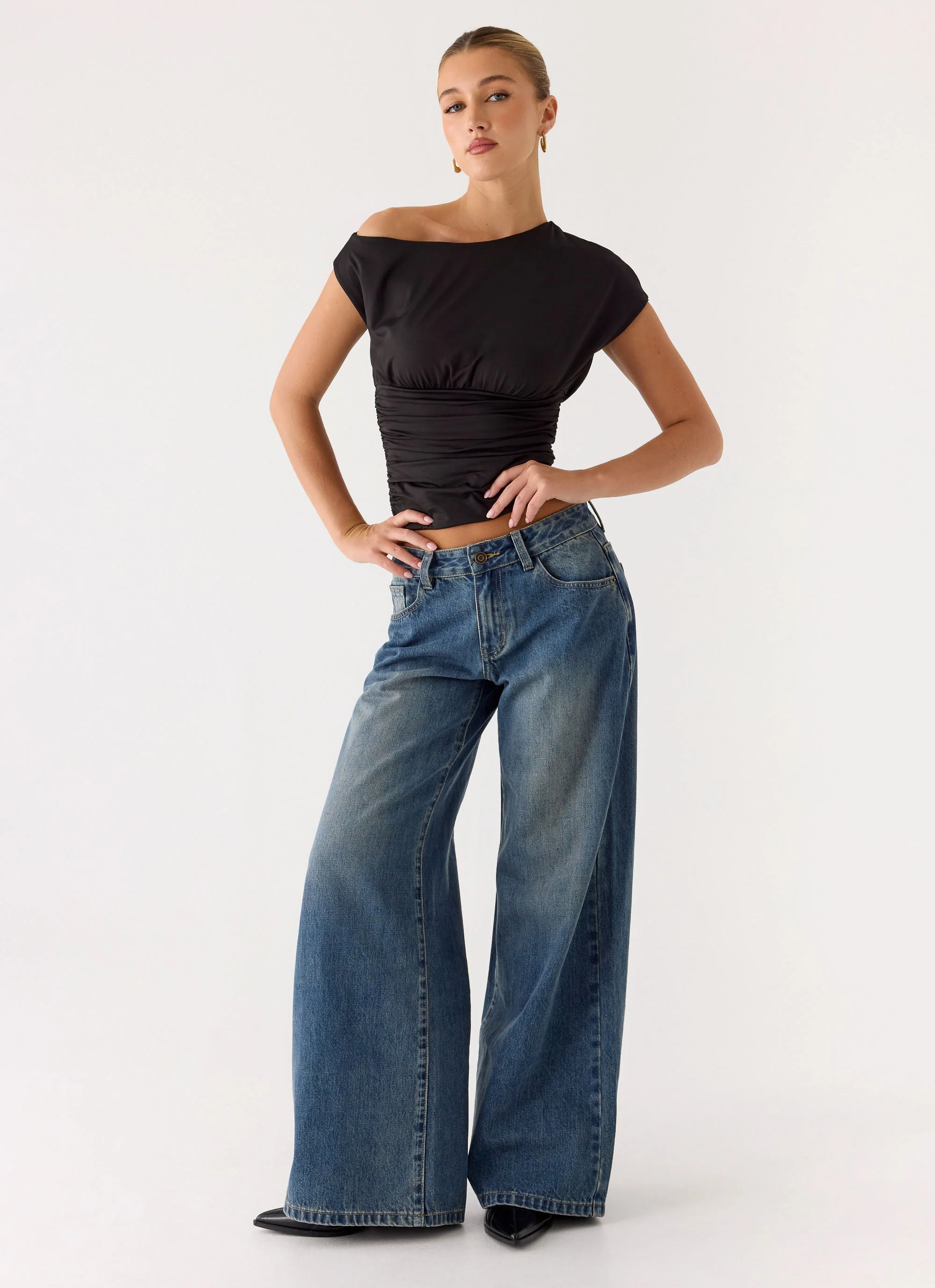 Neo Low Rise Wide Leg Denim Jeans - Vintage Blue Bleach Wash - Image 5