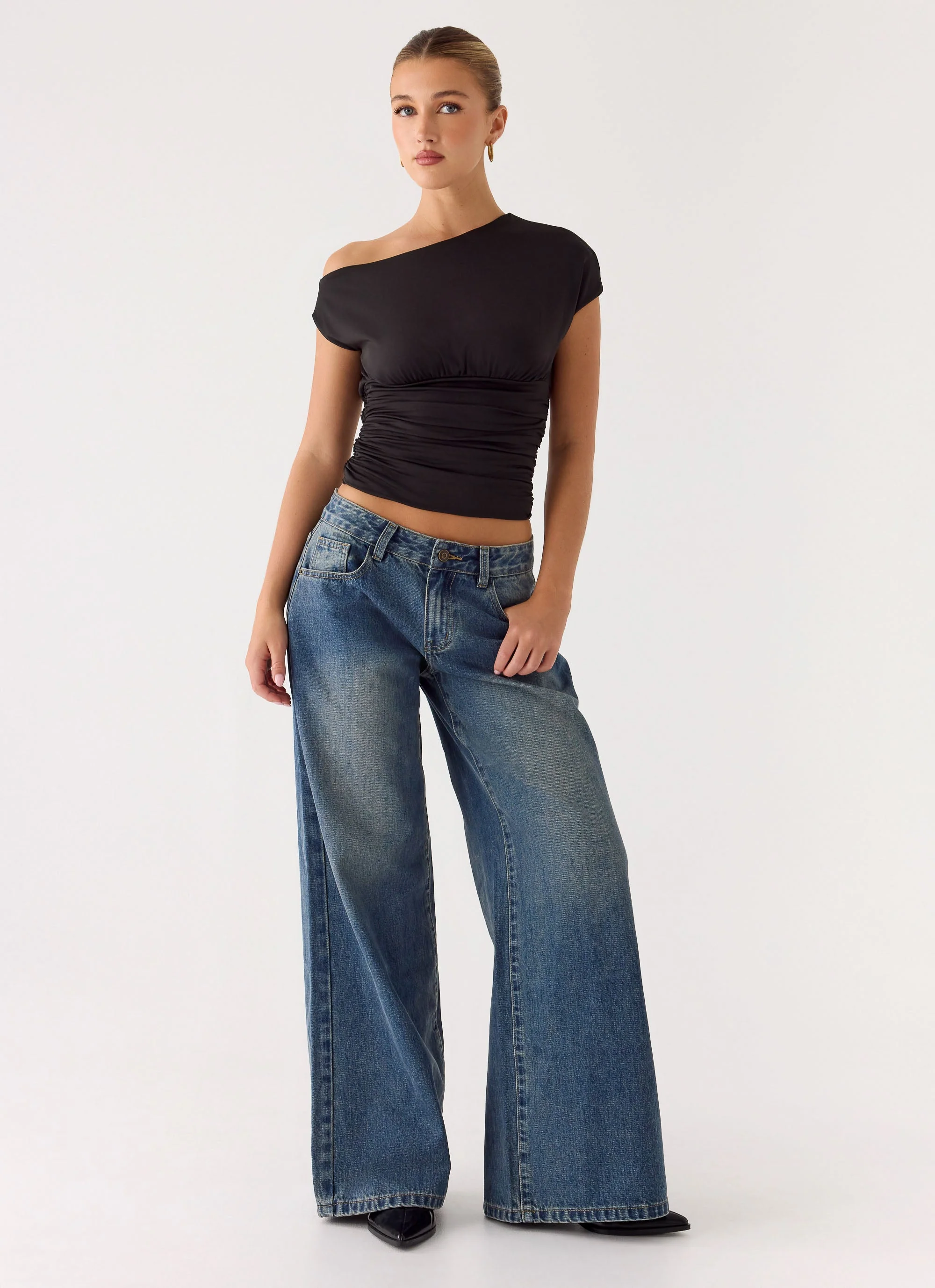 Neo Low Rise Wide Leg Denim Jeans - Vintage Blue Bleach Wash - Image 6
