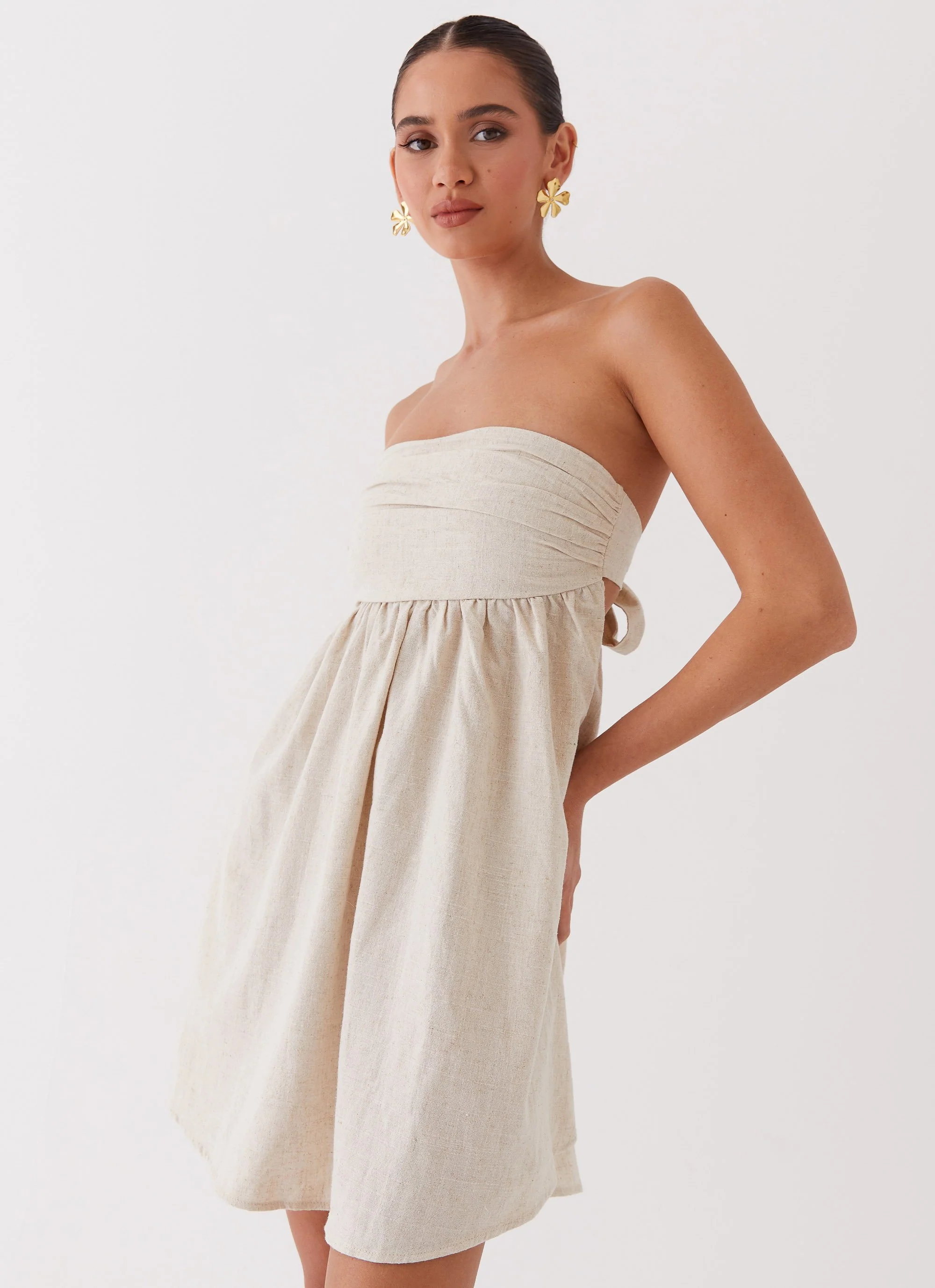 Night Changes Linen Mini Dress - Oatmeal - Image 5