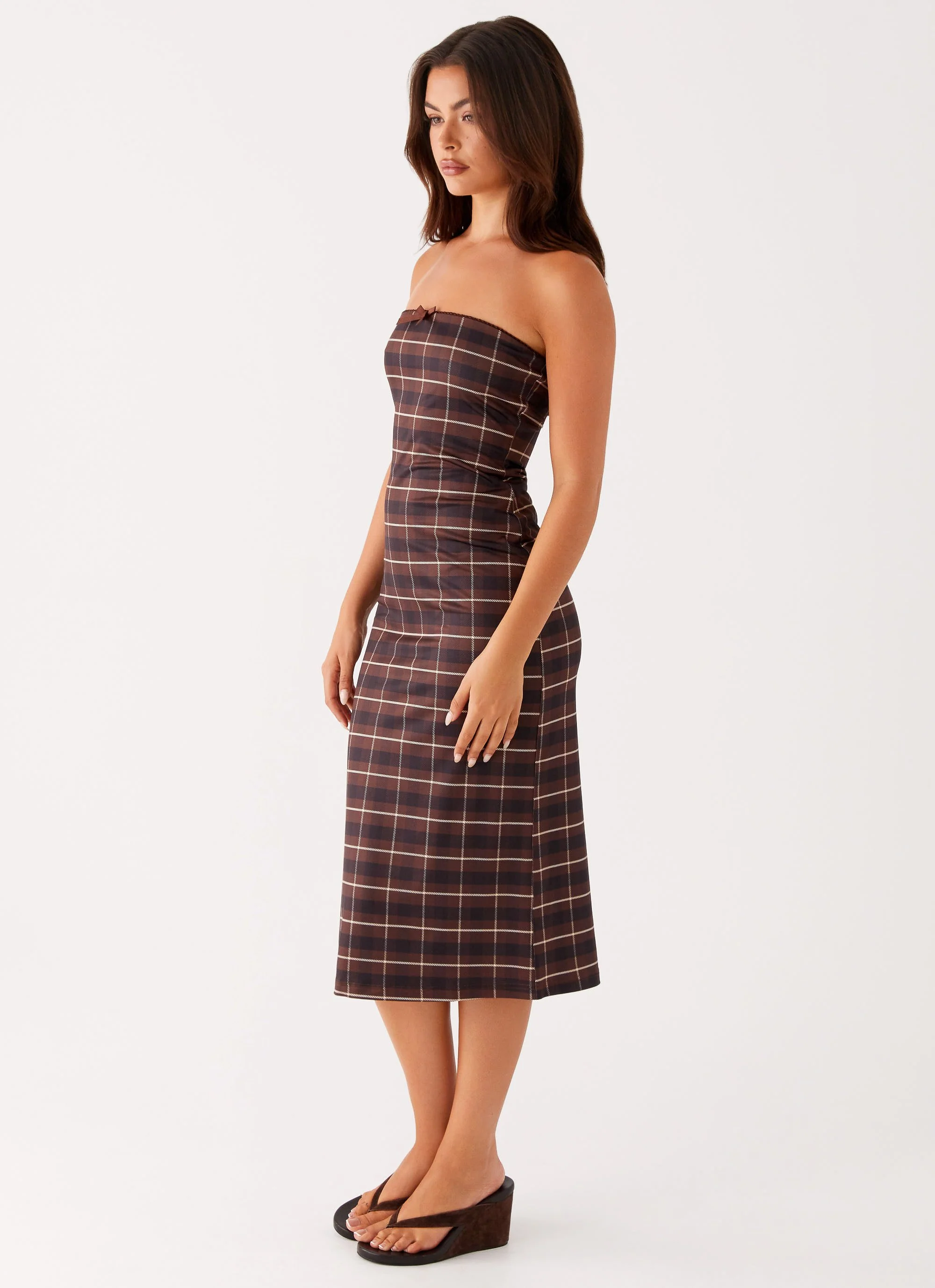 Niko Strapless Midi Dress - Brown Black Check - Image 3