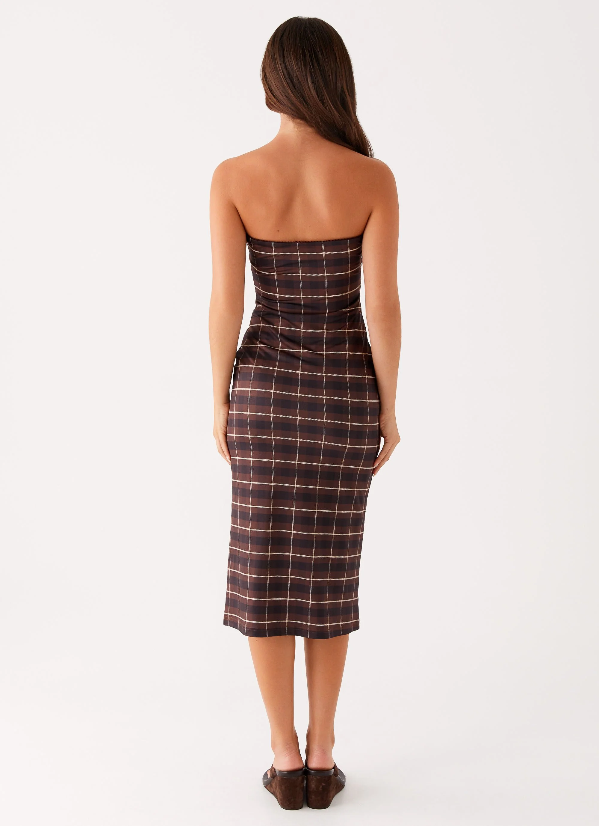 Niko Strapless Midi Dress - Brown Black Check - Image 4
