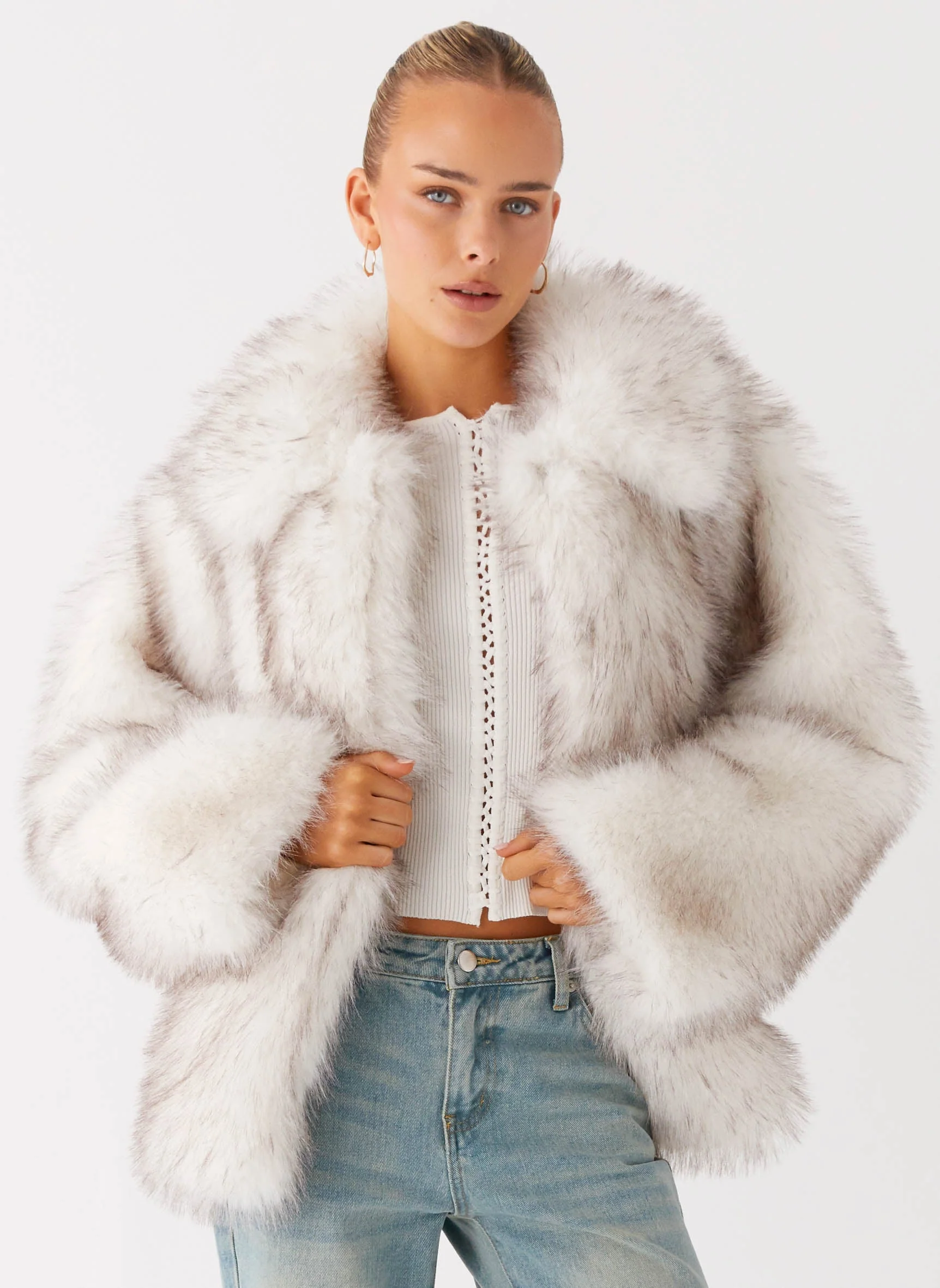 Novera Faux Fur Jacket - White Grey - Image 3